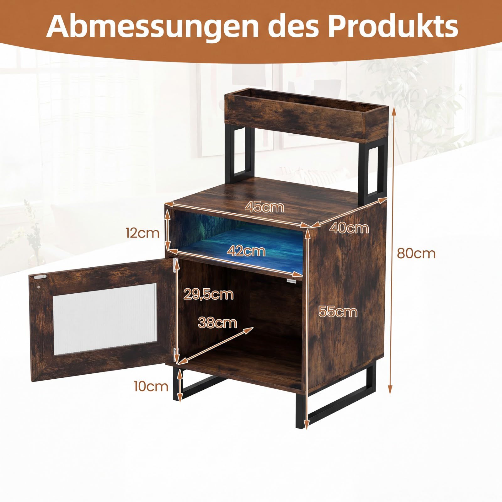 COSTWAY Nachttisch mit LED, Nachtschrank mitmit oberem Tablett, offenem Fach & Aufbewahrungsschrank & Tür, Beistelltisch für Wohnzimmer & Schlafzimmer (Braun,1)