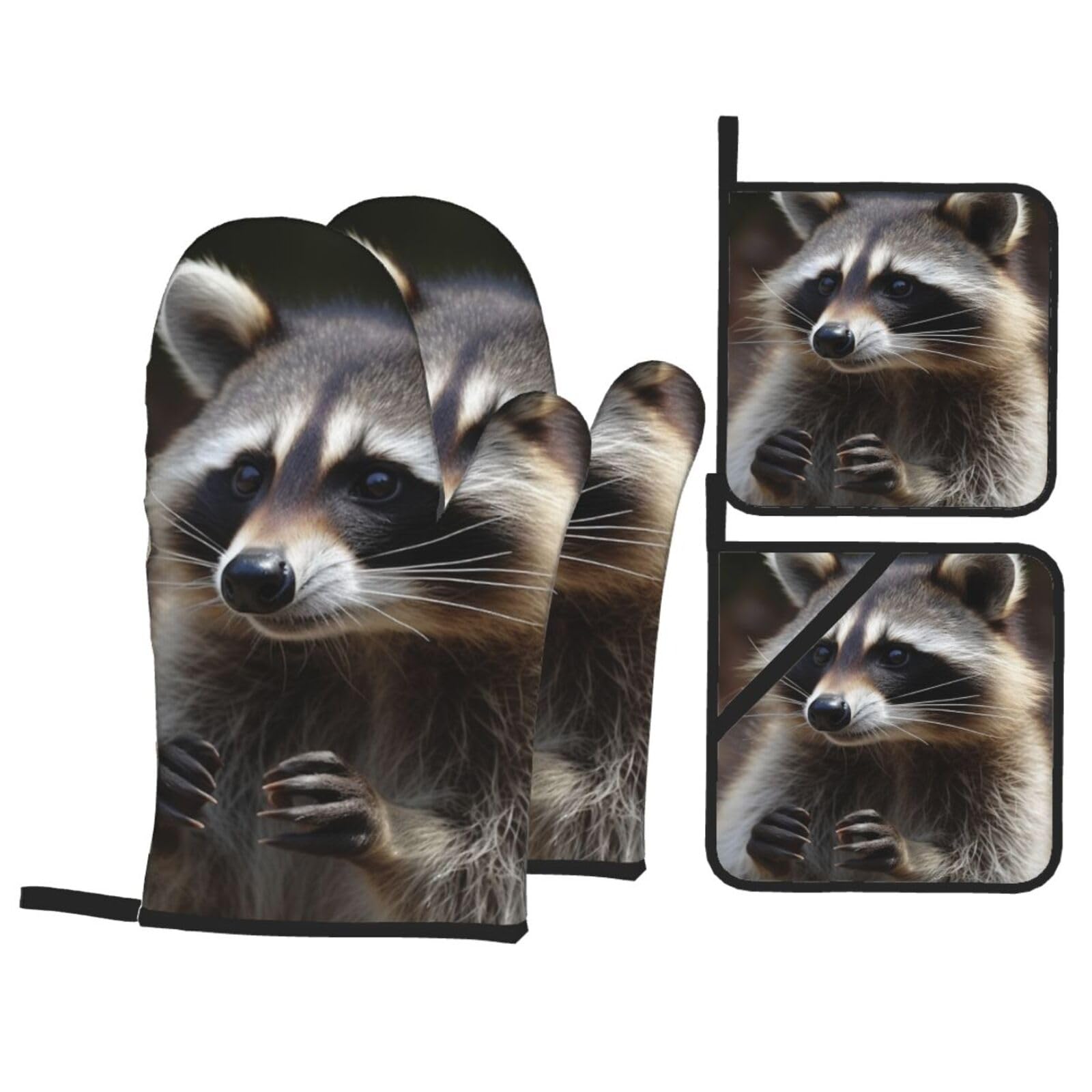 4 Piece Oven Mitts and Pot Holders Set Heat Resistant Oven Gloves and Potholders BBQ Gloves Hot Pads Raccoon Cooking Gloves for Kitchen Baking Grilling