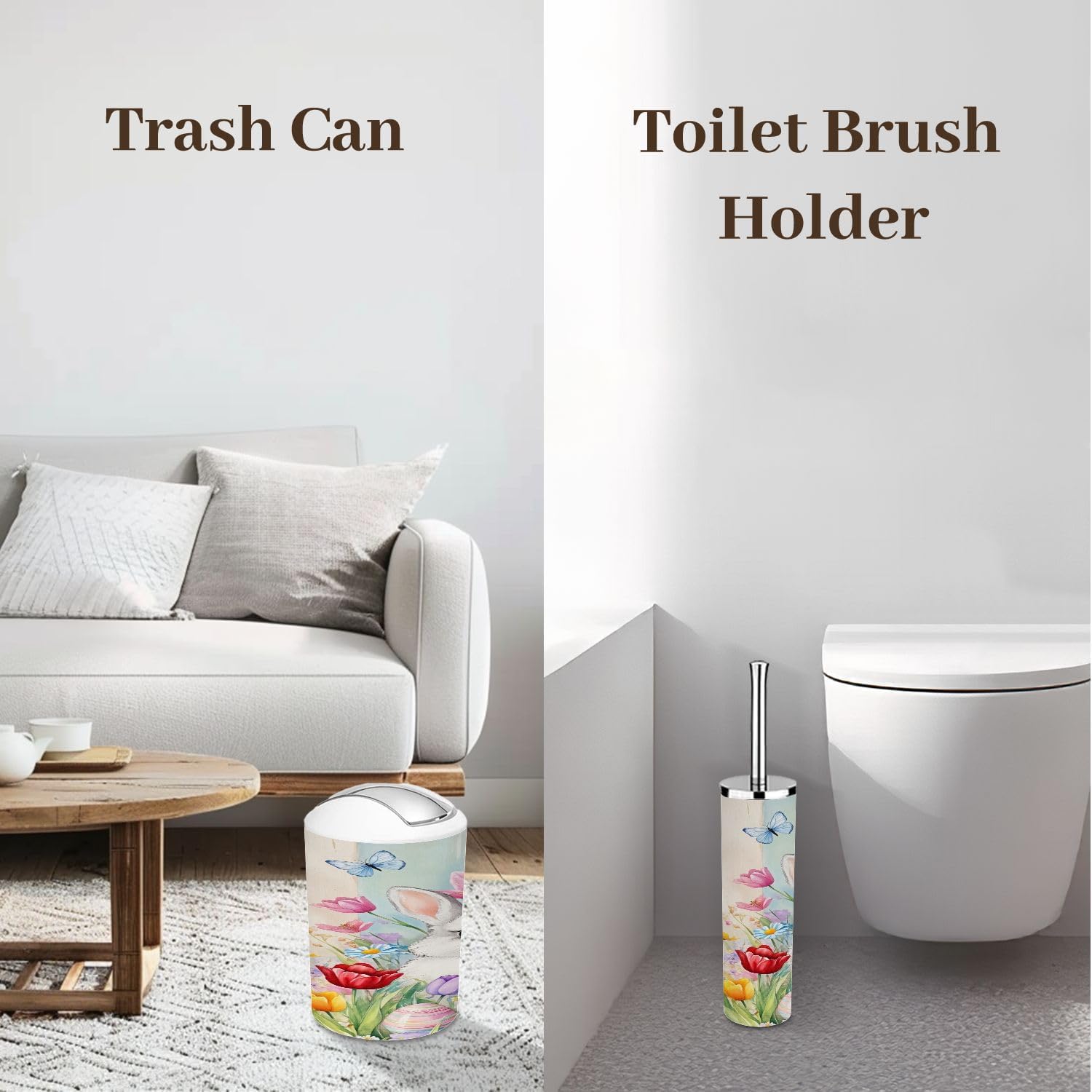 Bathroom Accessory Set 6 Piece Easter Spring Florals Colorful Easter Eggs Funny Bunny White Trash can, Toothbrush Holder, Soap Dispenser, Soap Dish, Toothbrush Cup, Toilet Brush Holder