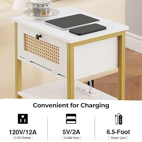 Miniatura 4 de J-yaamiZz Mesa auxiliar con estación de carga, puertos USB y tomacorrientes, cajón y estante de almacenamiento de 2 niveles, mesa auxiliar para sala