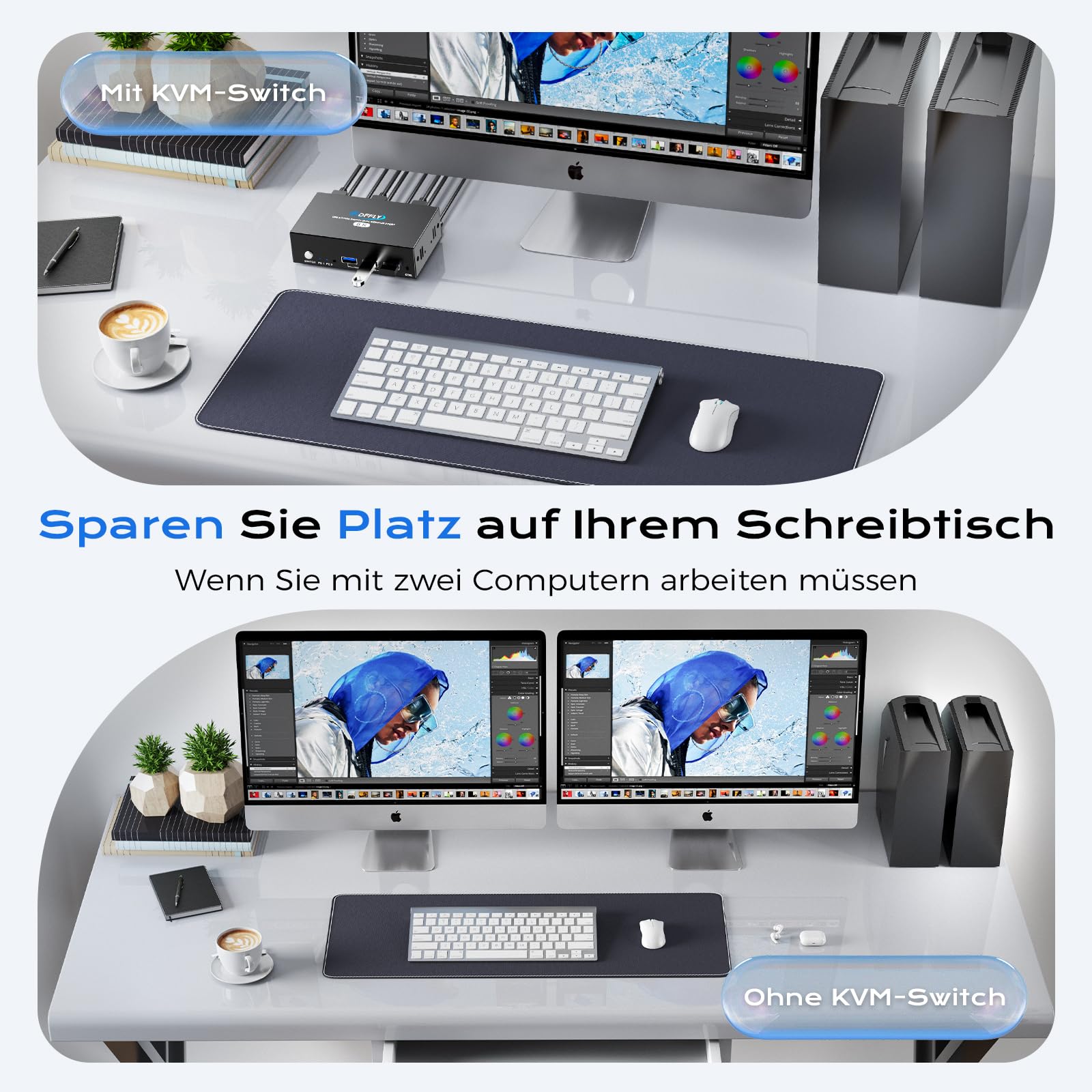HDMI KVM Switch 2 PC 2 Monitor 8K@60 Hz 4K@120Hz, KVM Switch für 2 Computer Teilen 2 Monitor und 4 USB Geräte mit 2 USB 3.0 Kabeln und Desktop-Controller