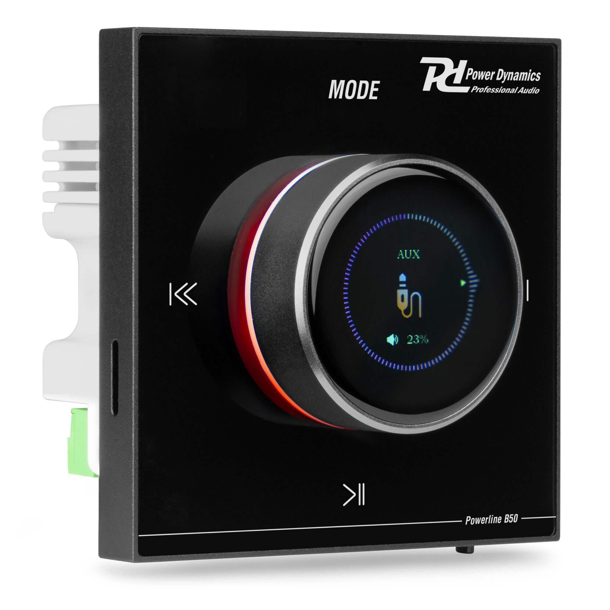 Power Dynamics Powerline B50BSet Amplificateur Mural Stéréo 2x25W Noir avec 2 Enceintes de Plafond 6,5" Blanches, Installation Discrète, Idéale Maison et Pro