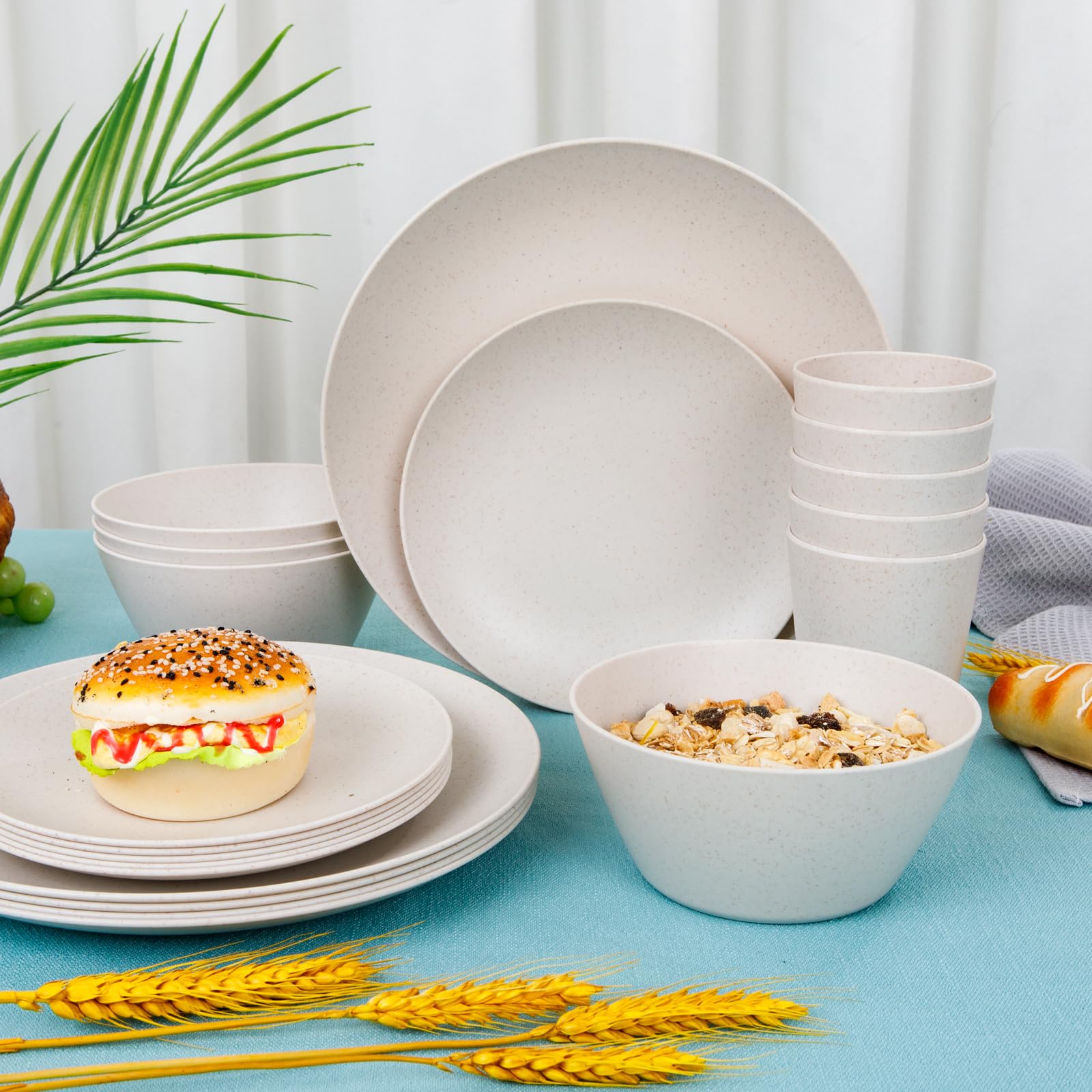 Supernal 32pcs Wheat Straw Dinnerware Sets Cream Color,Plates and Bowls  Sets,Beige Plastic Dinnerware Sets, Dish Set for with 25pcs Gold Napkins