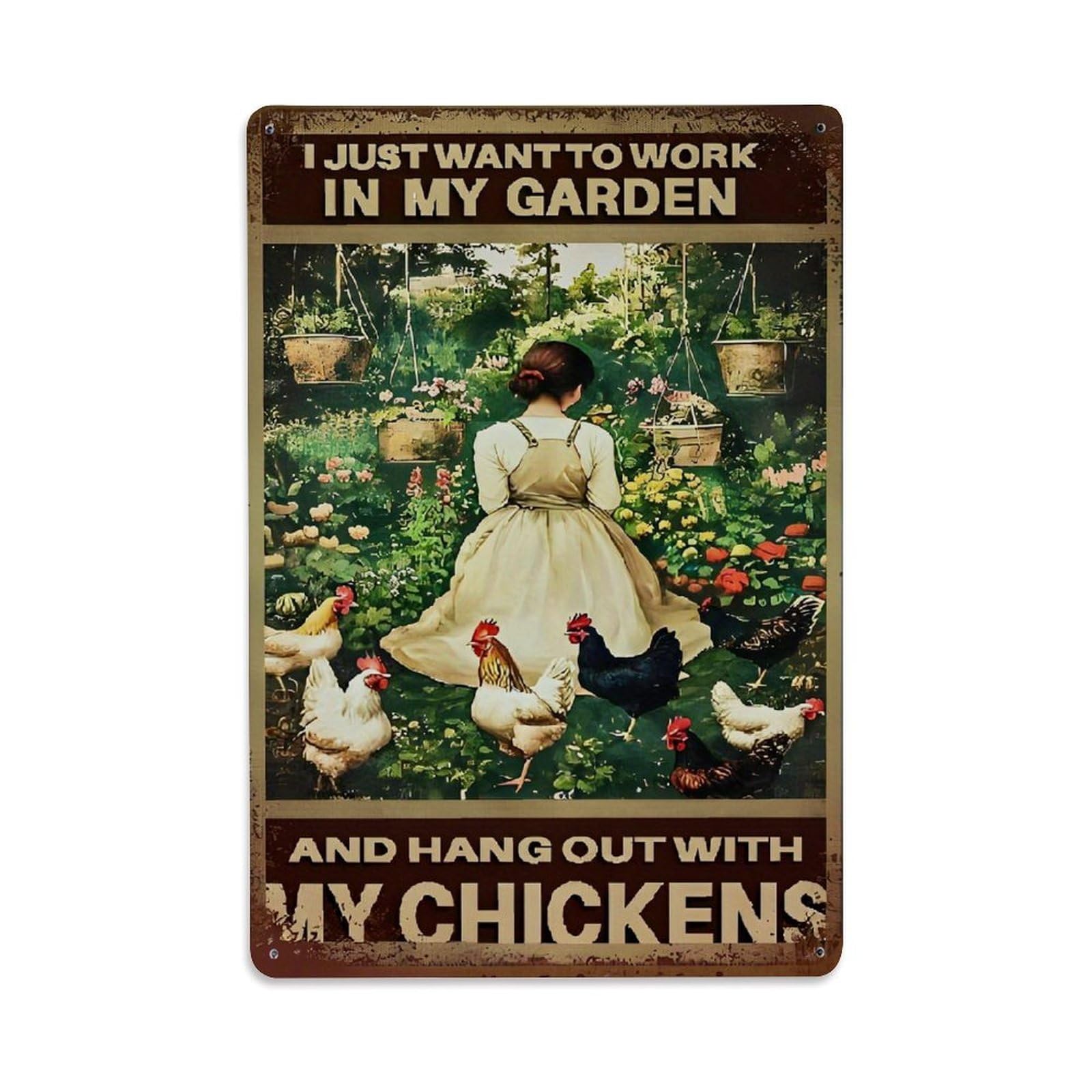 Woman Gardening With Chickens Retro Metal Tin Sign, Vintage Metal Poster for home, Gaming Room, Studio Workshop,Bar,Garage Wall Art Decor 8x12 Inch