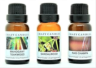Crazy Candles 3 Bottles Set, 1 Mahogany Teakwood, 1 Nag Champa, 1 Sandalwood 1/2 Fl Oz Each (15ml) Premium Grade Scented Fragrance Oils