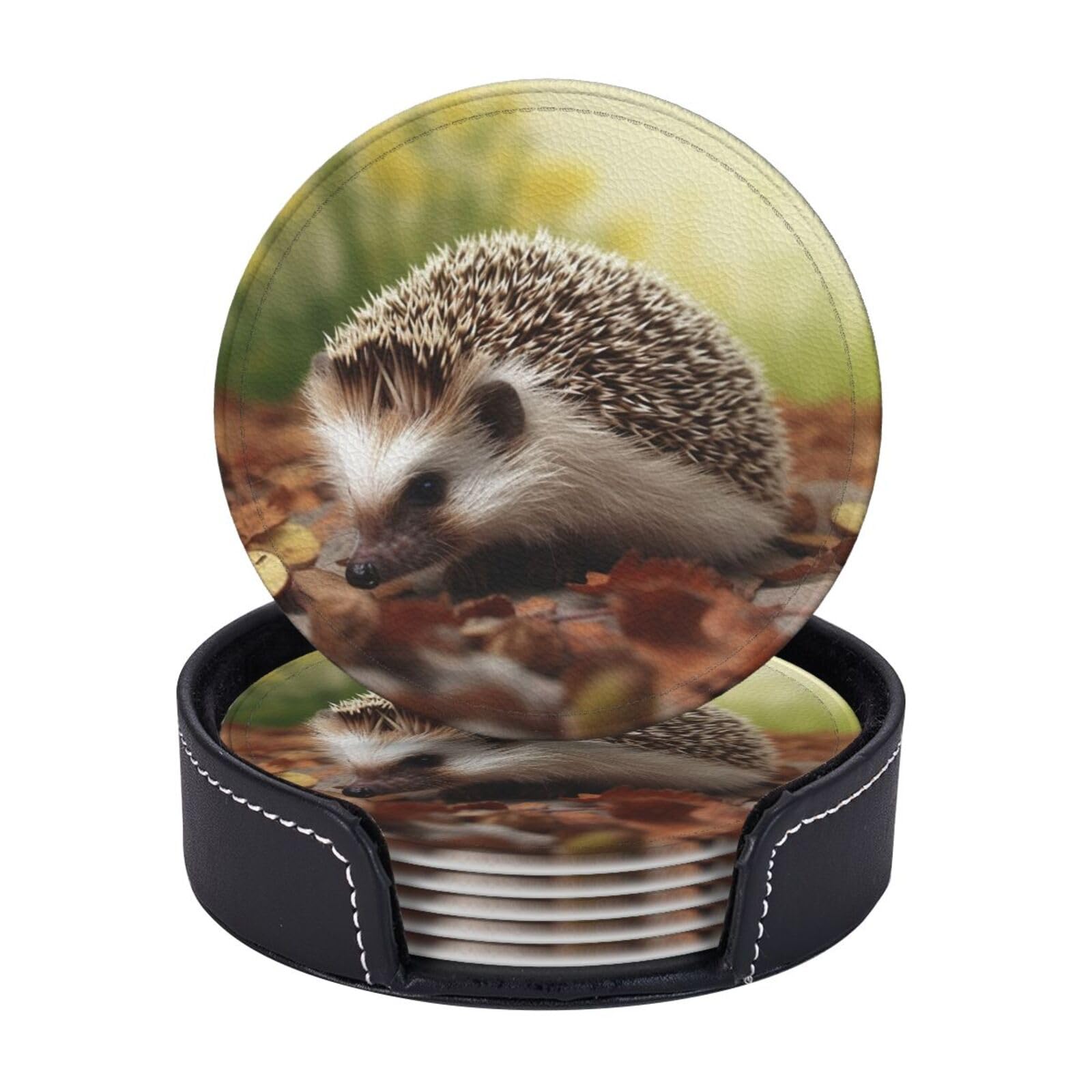 Round Coasters for Drinks Set of 6 - PU Leather Coasters with Holder - Modern Drink Coasters for Coffee Table - Hedgehog Coaster for Tabletop Protection 4" Cup Mat Pad
