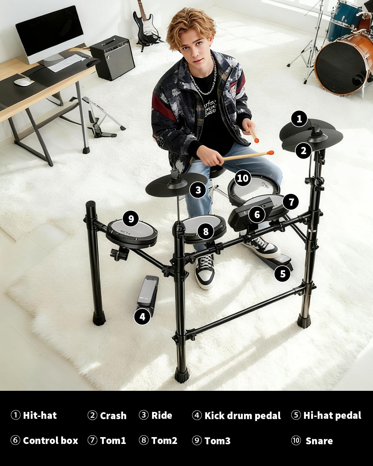 AiJoy Elektronisches Schlagzeug-Set für Erwachsene & Anfänger | Leise Mesh Pads mit 5 Drums & 3 Becken, Dual-Zone Snare, USB MIDI, Soundmodul, inklusive Drum Throne, Kopfhörer, Sticks