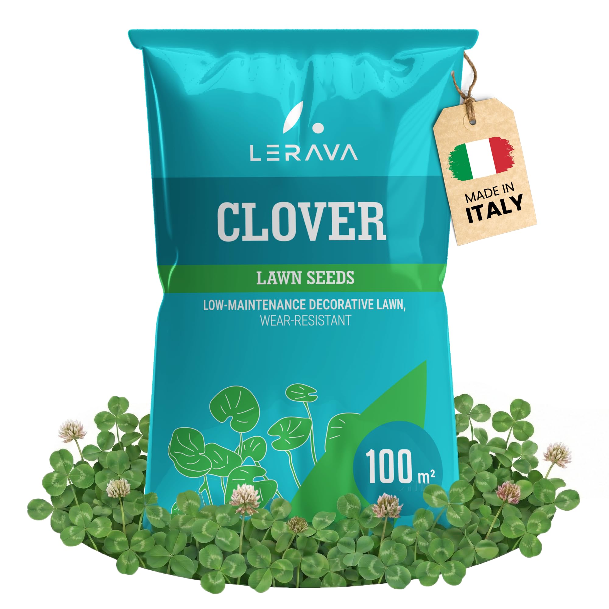 LERAVA Clover Lawn Seeds (50 m²) - No Mowing Required - Micro Clover Seeds for Green Lawn - Improves Soil Fertility & Walkable Ground Cover - White Flowers for Gardens - 200g
