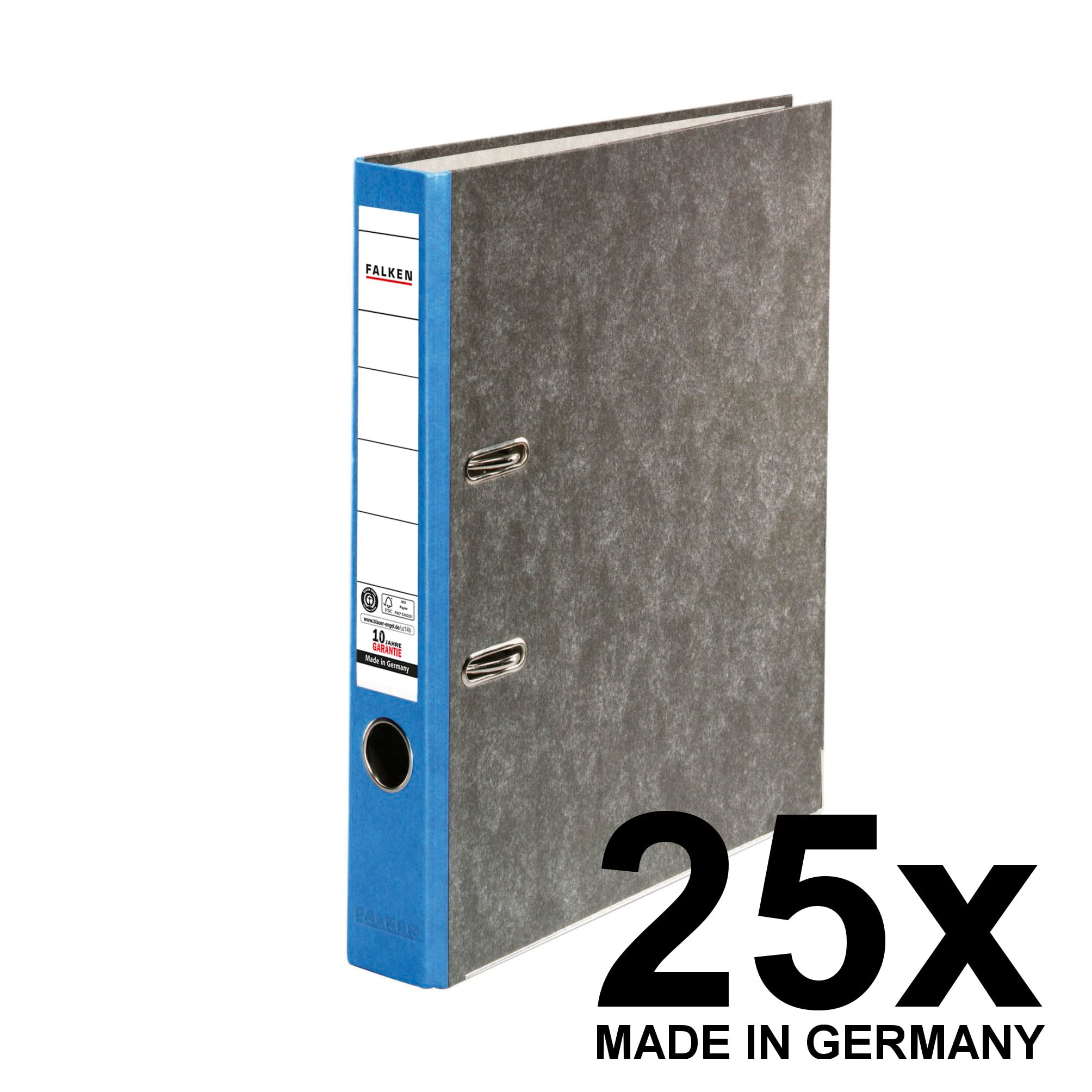 25x Falken Recycling segregator marmurkowy A4 wąski 8 cm niebieski grzbiet. Wyprodukowano w Niemczech. Segregator biurowy Segregator dźwigniowy Segregator z mechanizmem Certyfikat Błękitny Anioł