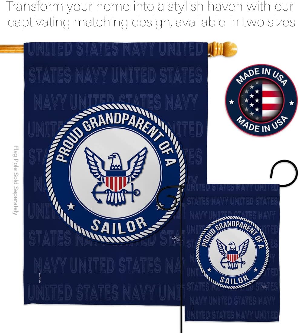Breeze Decor Proud Grandparent Sailor Garden Flag - Set Wall Holder Armed Forces Navy USN Seabee United State American Military Veteran Retire Official - House Banner Yard Gift Double-Sided 13 X 18.5