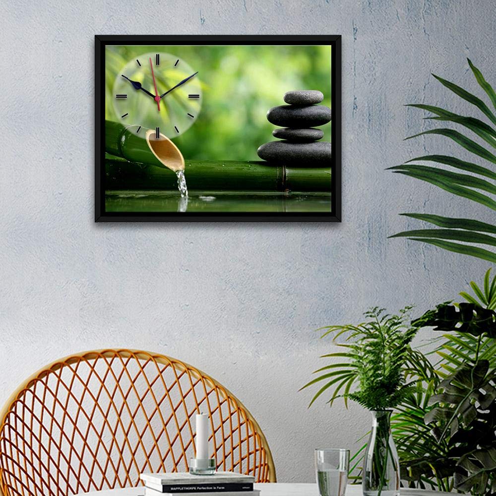 wallmantra Wooden Bamboo with Stone Spa Canvas Printed Decorative Wall Clock with Floating Frame (Multicolour)