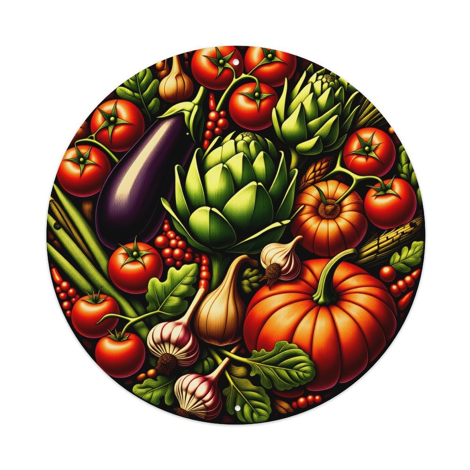 Vegetable Harvest Pattern Print Round Tin Sign Vintage Metal Poster Retro Bar, Home, Man Cave, Kitchen, Laundry Room Wall Art Decor Gift 8x8Inch