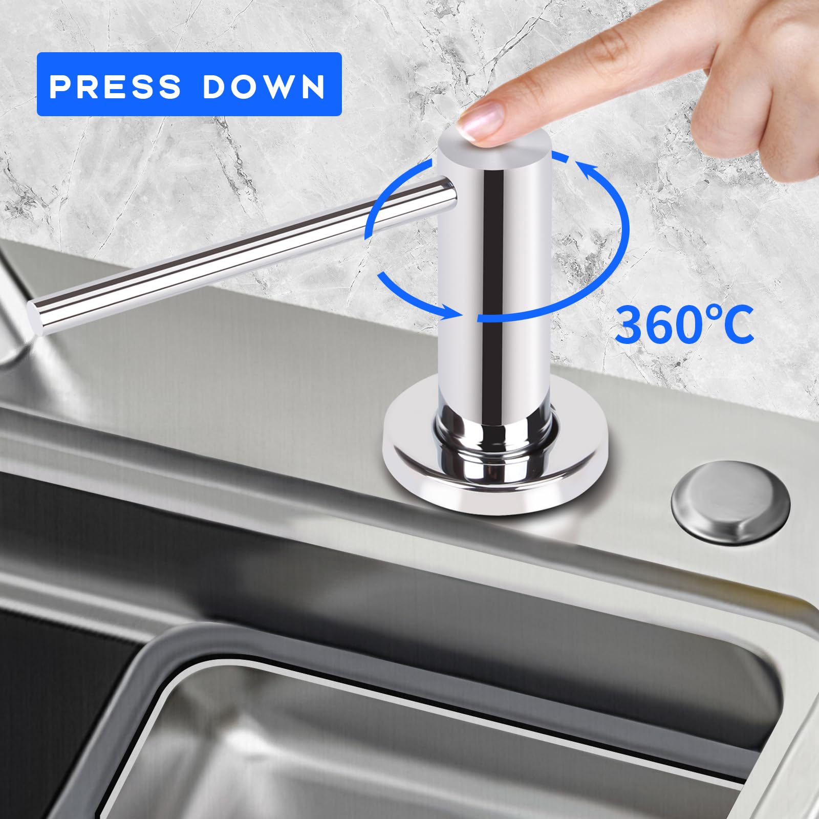 Dispenser di sapone per piatti, lavello da cucina, beccuccio lungo, erogatore di sapone per lavello da cucina, ricarica dall'alto, testa in metallo con grande bottiglia di liquido da 500 ml, cromato