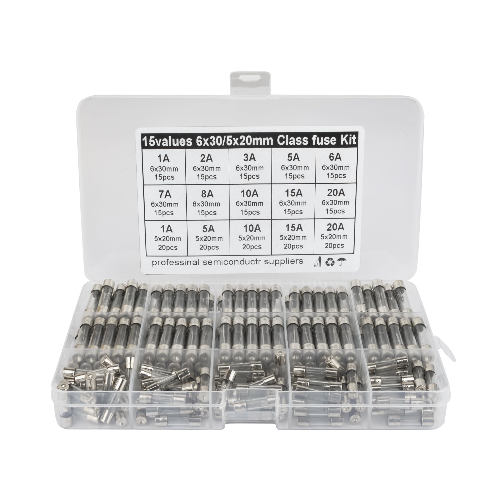 HAOKETAI Fuse Kit,15 Values 250 Pcs Glass Fuses Assortment Kit ，5x20mm 250V 1 5 10 15 20A 6x30mm 250V 1 2 3 5 6 7 8 10 15 20A Fuses.
