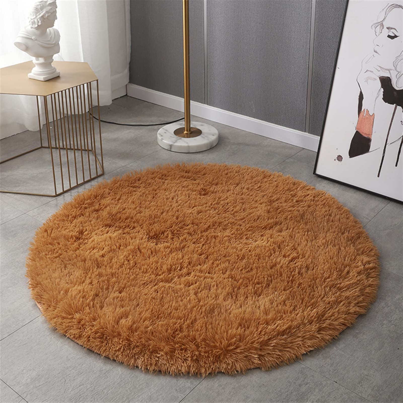GIBZ Alfombras Shaggy Redondas para Salón Dormitorio Habitación Alfombra Pelo Largo Suave Colorida, Marrón Claro, 80×80cm
