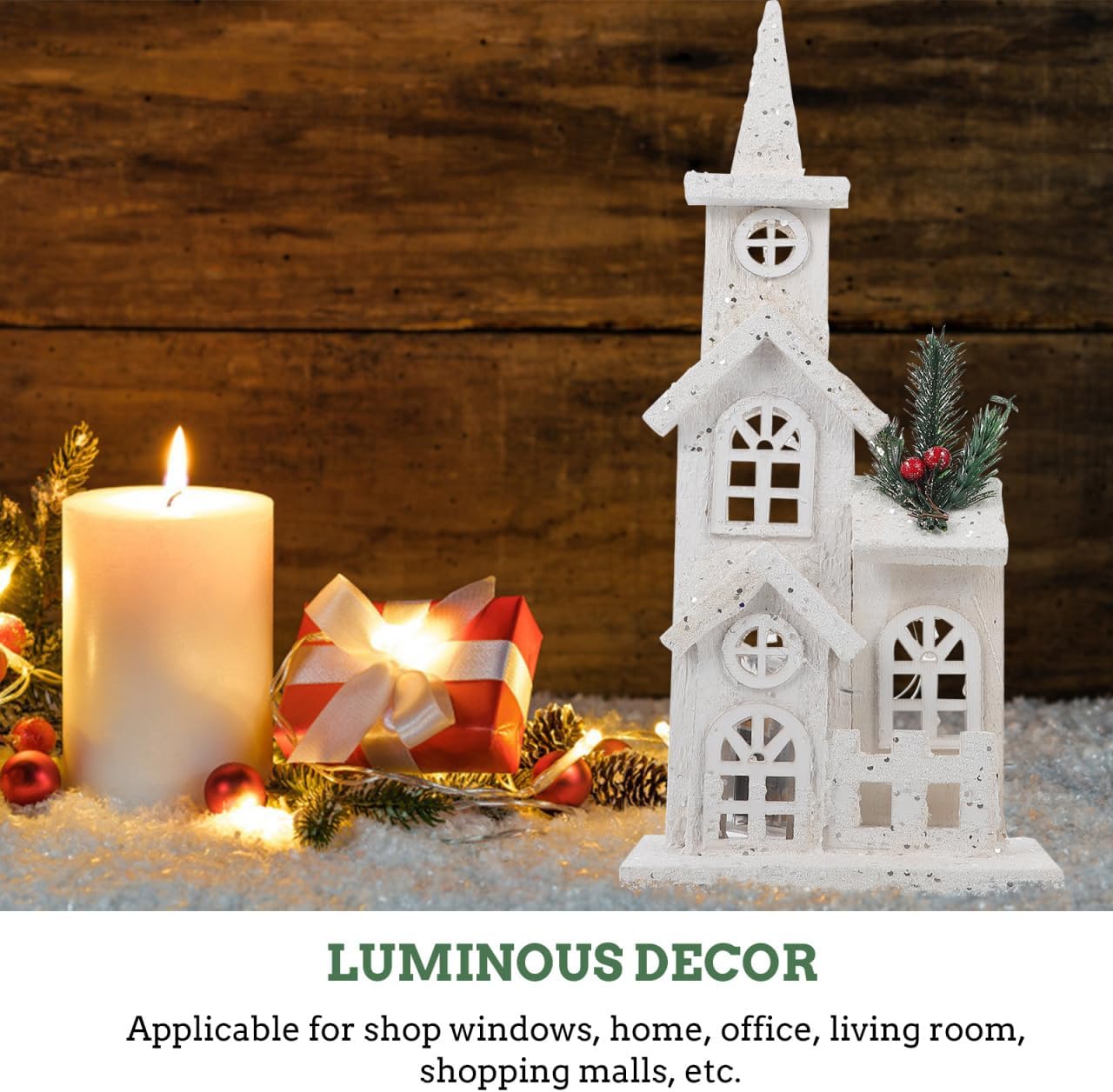 Gatuida Christmas Village House Ornament, White Light-up Christmas Village Decoration LED Church Snow Scene Xmas Decoration, 14.93 X 6.29 X 3.14 Inch, Holiday Desktop Decor for Home Party