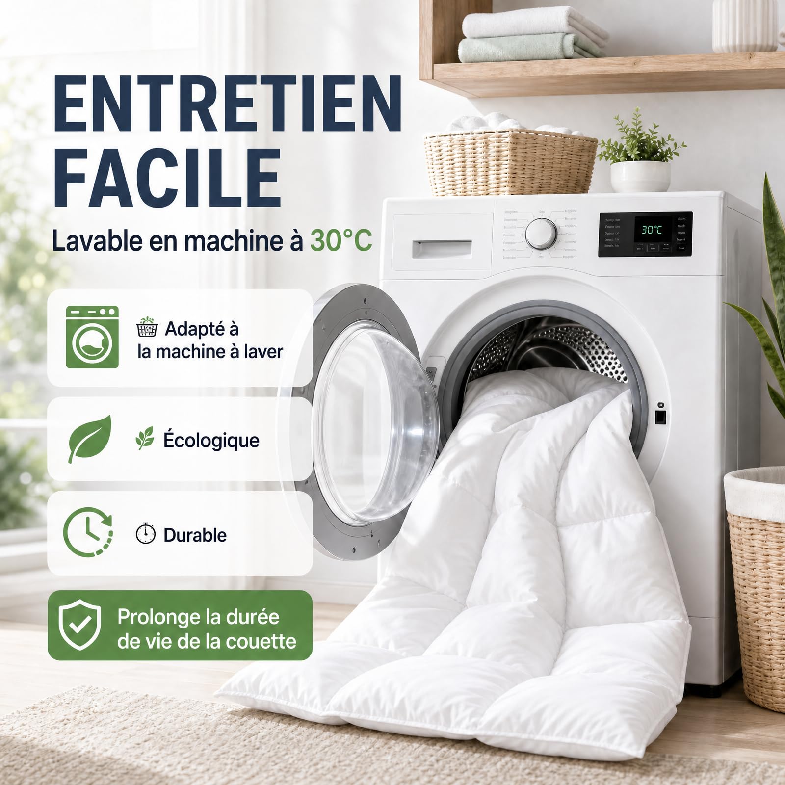 Couette 155x220 4 Saisons | pour lit 2 Personnes | Couette Plumes & Duvet d'oie | 100% Coton | Édredon Ultra Douce et Gonflant | Certifiée Oeko-Tex | Lavable en Machine,Blanc