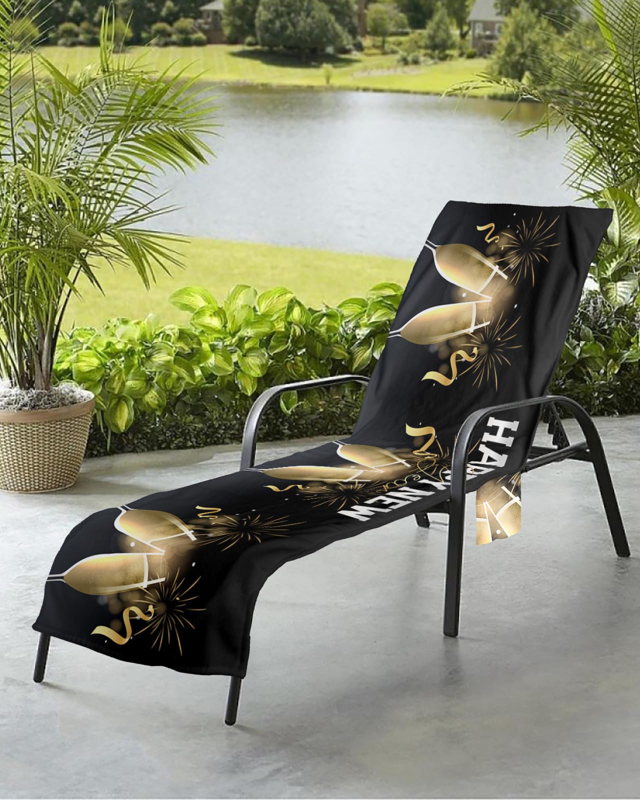 Black Golden Beach Chair Towel Covers for Chaise Lounge With Side Pocket, Soft Plush Pool Towels Cover for Patio Sunbathing Outdoor 29''x85'' Happy New Year Celebration