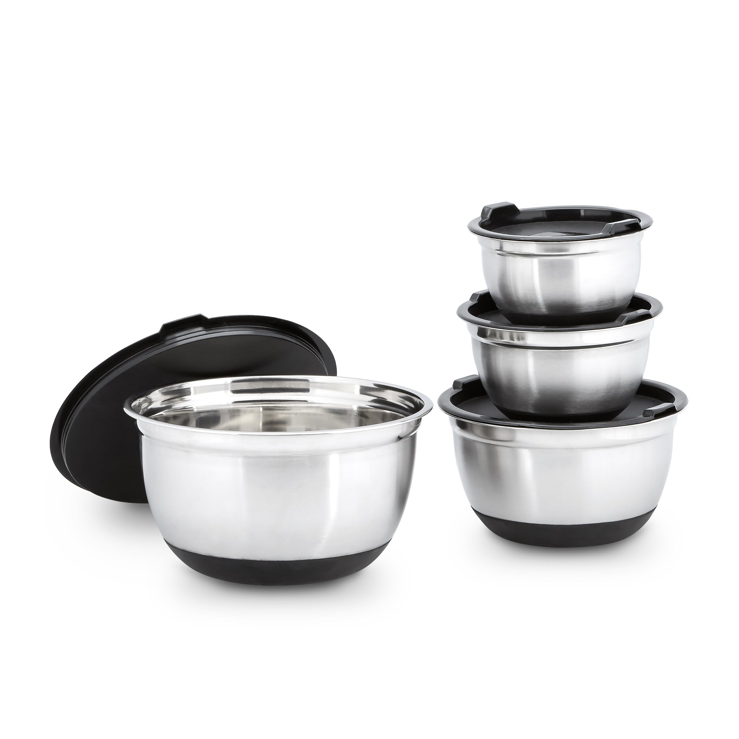Relaxdays Schüssel Set BOWLY mit Deckel, HxBxT: ca. 14,5 x 25,5 x 25,5 cm, 4er Set, stapelbar, Edelstahl, Silber-schwarz