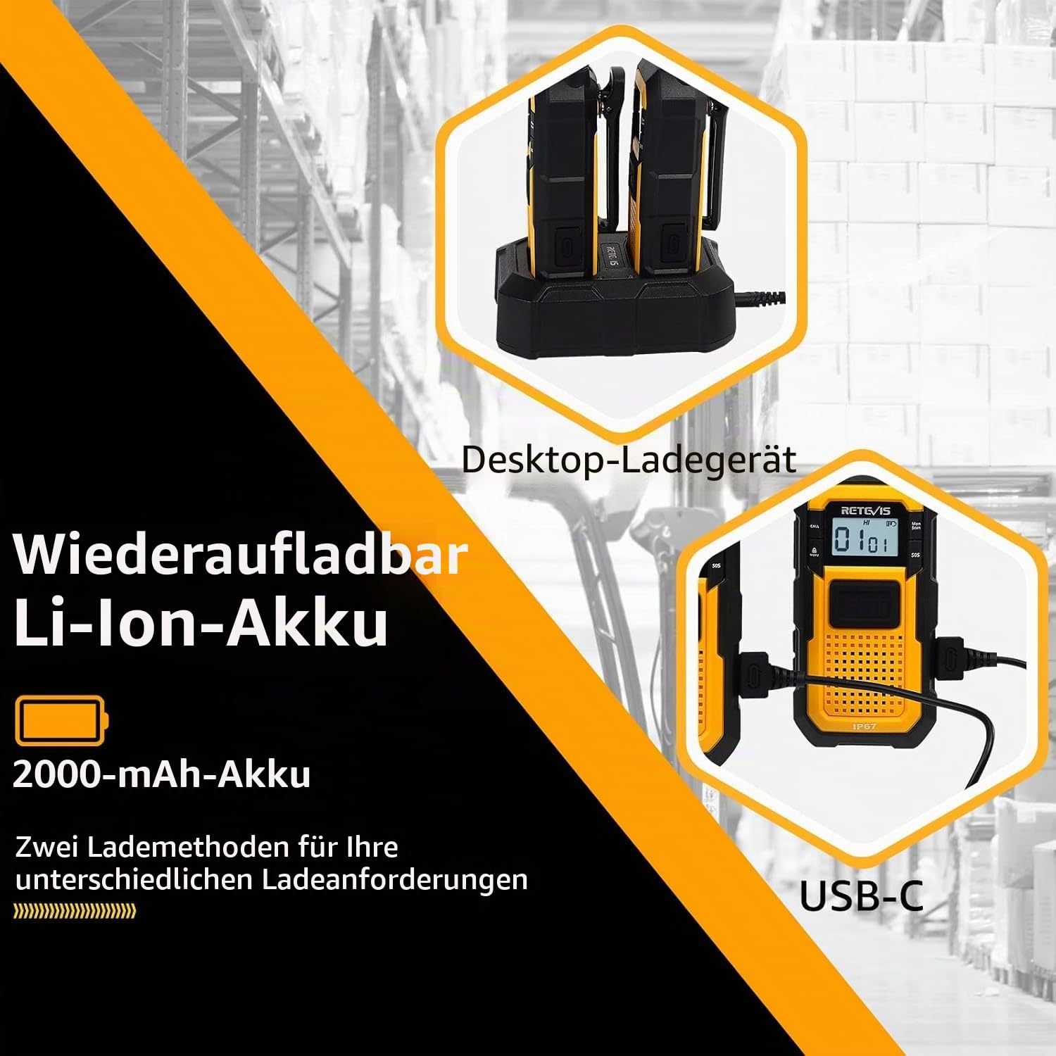 Retevis RB648 Walkie-Talkies mit Mikrofon, Funkgeräte Set Wasserdicht | Erweiterte Triple Proof, Staubdicht,2000 mAh Akku, Notfallalarm, Handfunkgerät für Industrie Baustelle(4er Set, Gelb)