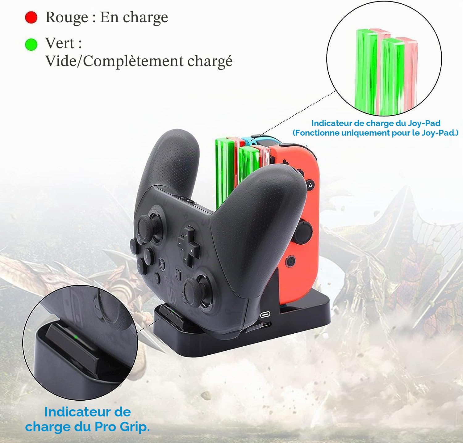 FastSnail Chargeur pour Nintendo Switch & modèle OLED pour Joycon, Station de Charge pour Joy-Con et Pro Controller avec indicateur de Charge et câble Type C