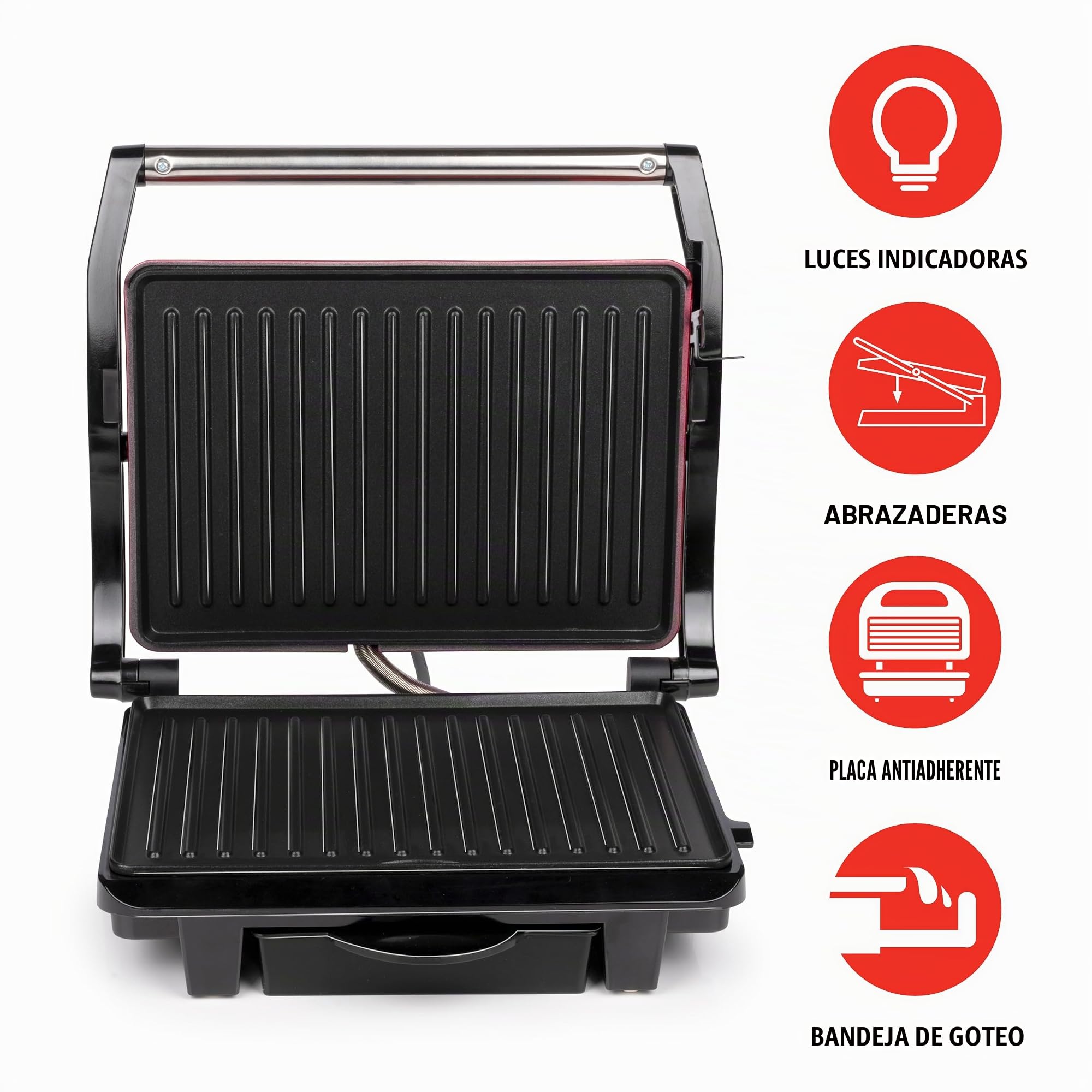 alpina Parrilla de contacto Optigrill 230 V/1000 W - Sandwichera - Panini Grill - Multigrill para verduras, pan y carne - Barbacoa de mesa con revestimiento antiadherente - Bandeja de goteo -