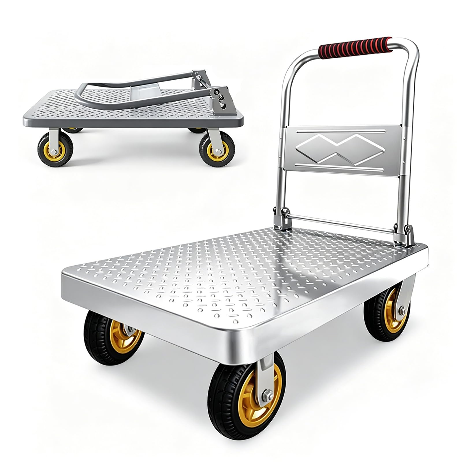 Plattformwagen Klappbar 300KG Große Räder, 60x40cm, Schwerlast Profi-Transportkarren für baumaterialien Industrie & Lagerhallen, Multifunktions-Handwagen mit Antirutsch-Stahlplatte