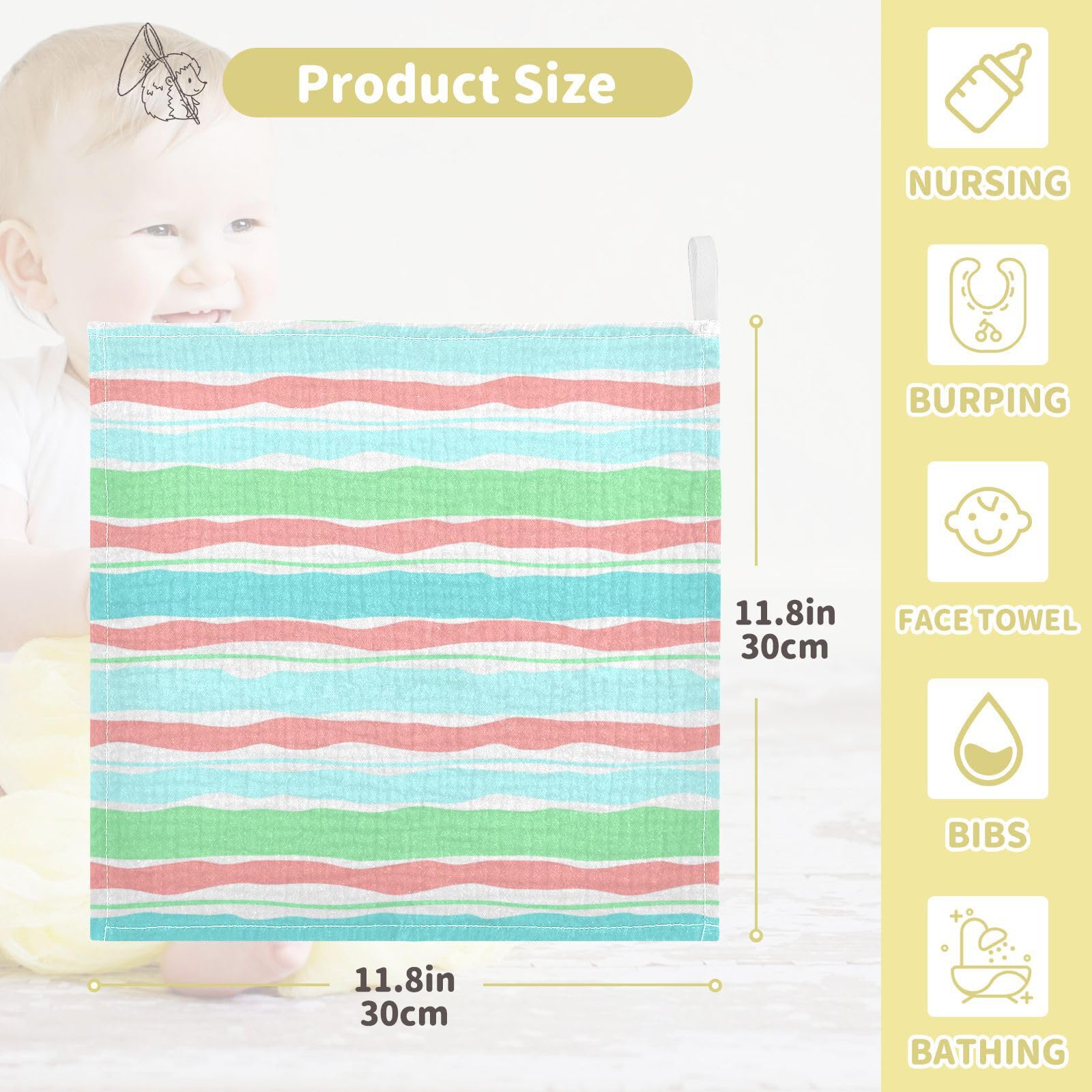 Nander 5Pack Baby Muslin Washcloths,Colorful Stripes Soft Face Cloths for Newborn, Absorbent Bath Wash Cloths, Wipes, Burp Rag,Toddlers Essentials Stuff, Baby Registry as Shower