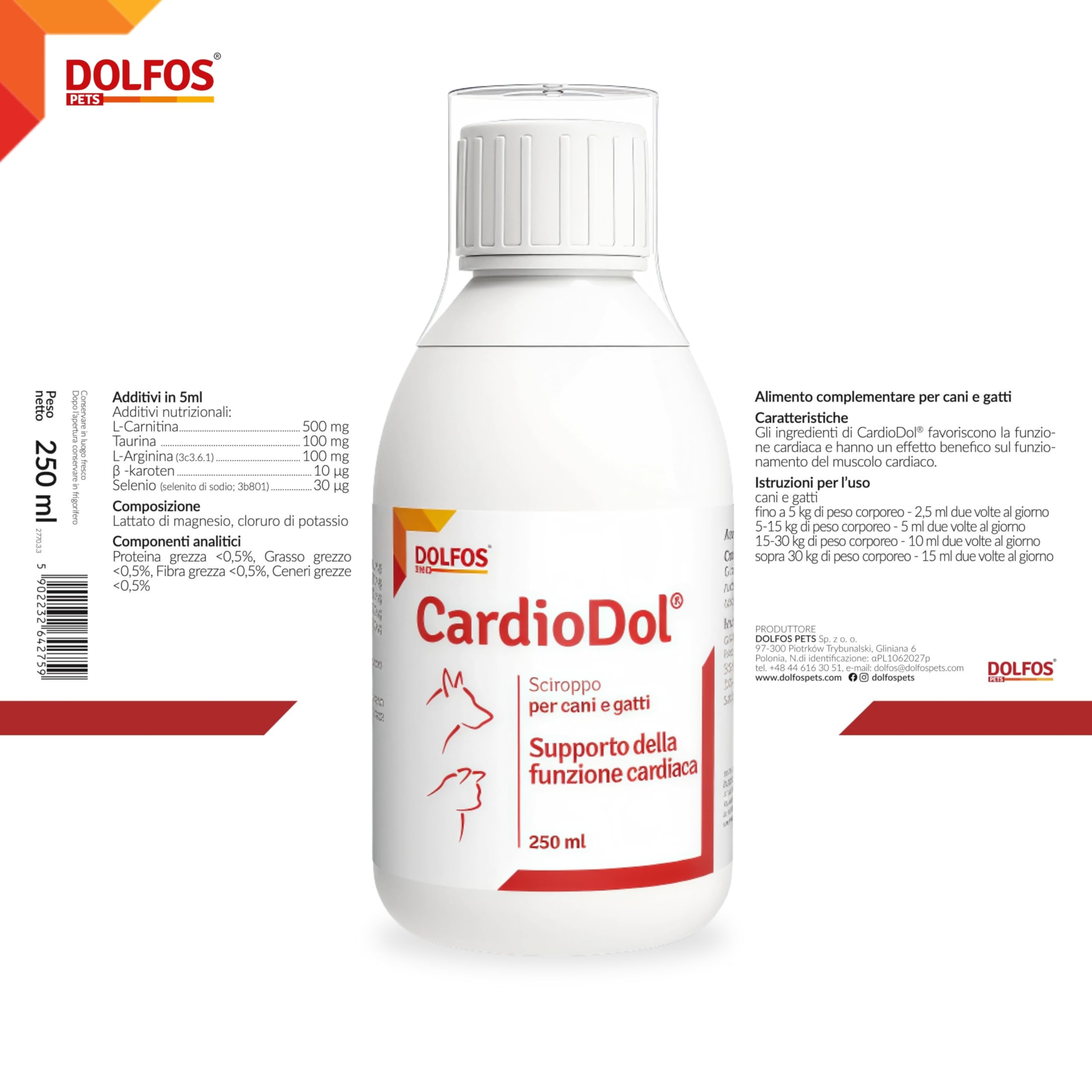 DOLFOS PETS CardioDol 250ml - Integratore Supporto Funzione Cardiaca in Cani e Gatti - Alimento Complementare Cuore, Favorisce la Salute del Muscolo Cardiaco - Facile Somministrazione