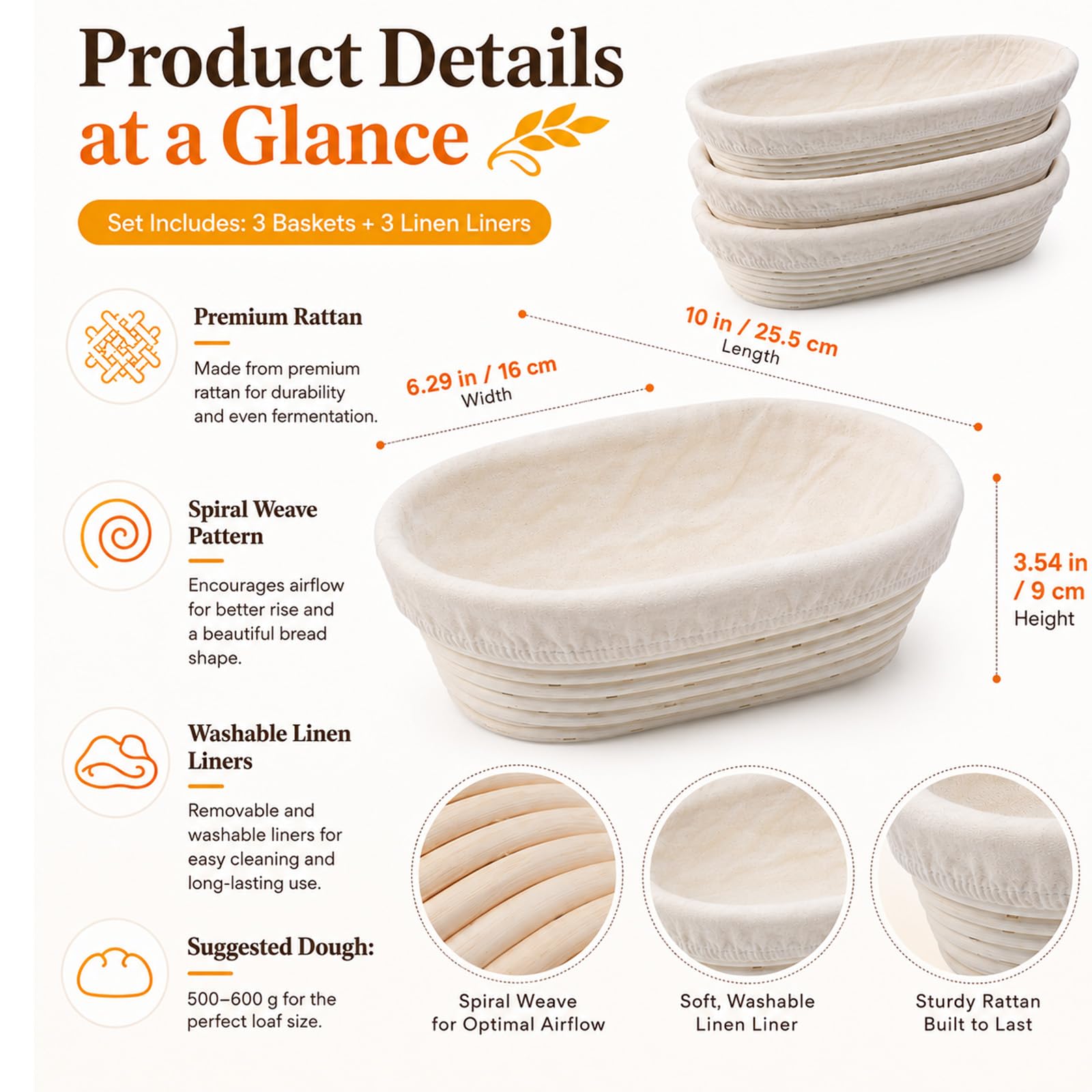 Set di 6 cestini rotondi fatti a mano | kit per fare pane lievitato da 15,2 cm, cesti in rattan(3 pezzi (10 pollici))