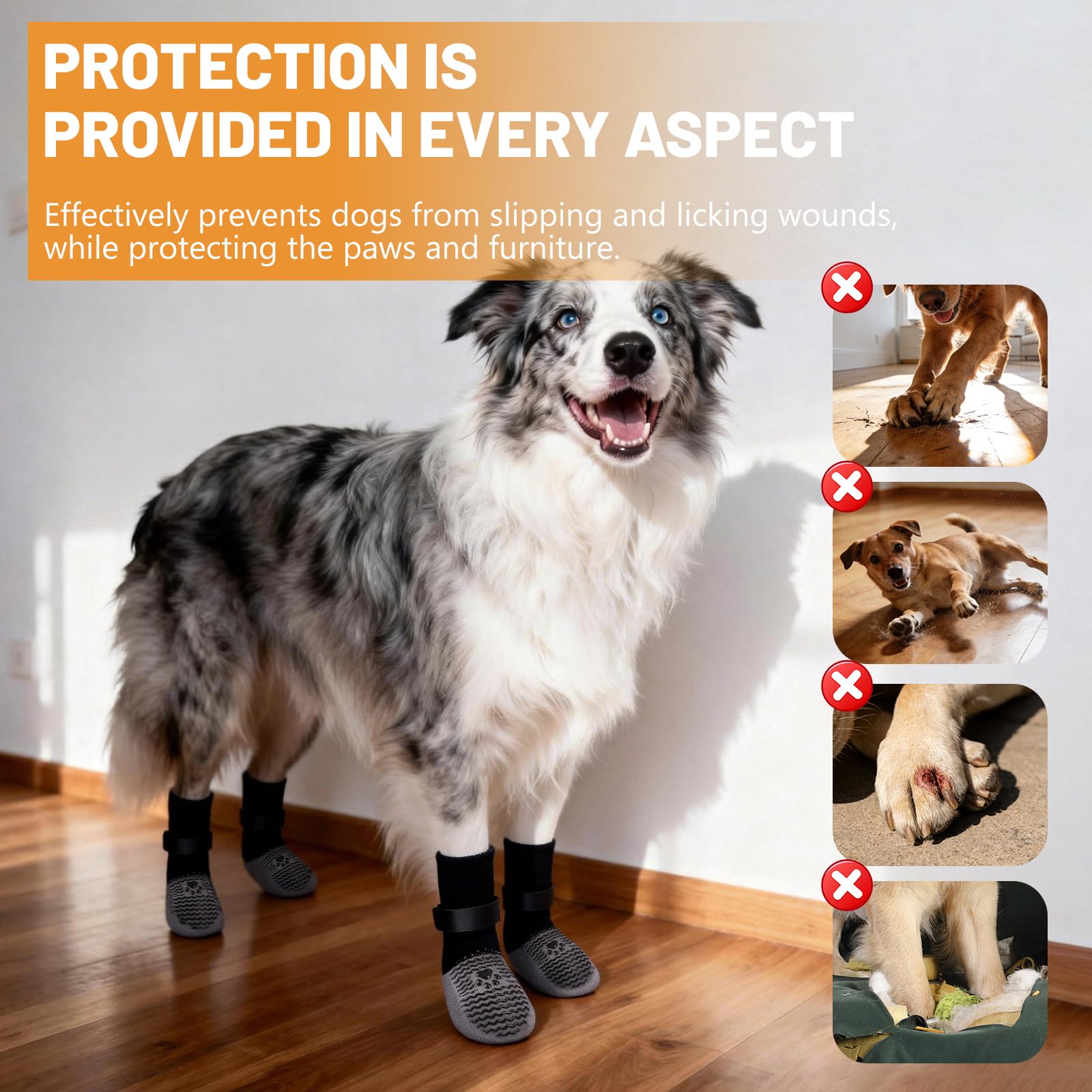 Calzini antiscivolo per cani, 3 paia di calzini con doppia impugnatura per cani laterali per evitare di leccare le zampe, coperture per zampe di cane con cinghia regolabile per pavimenti in