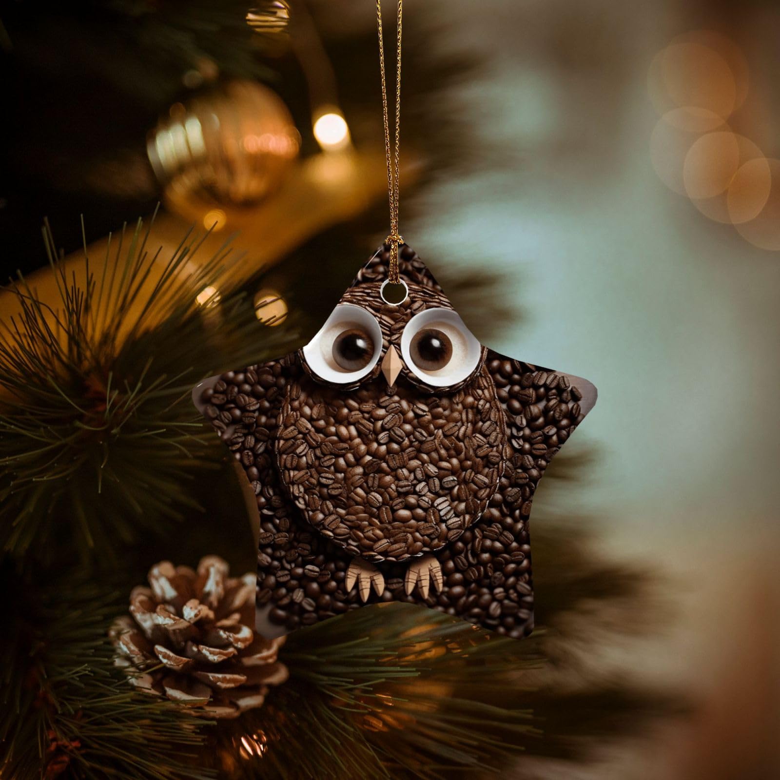 Christmas Ornaments for Christmas Tree Decoration Hanging Coffee Bean owl Ornament with Gold Ribbon Crafts Star Shape Ceramic Pendant for Keepsake Gifts Xmas Decor Party Supplies