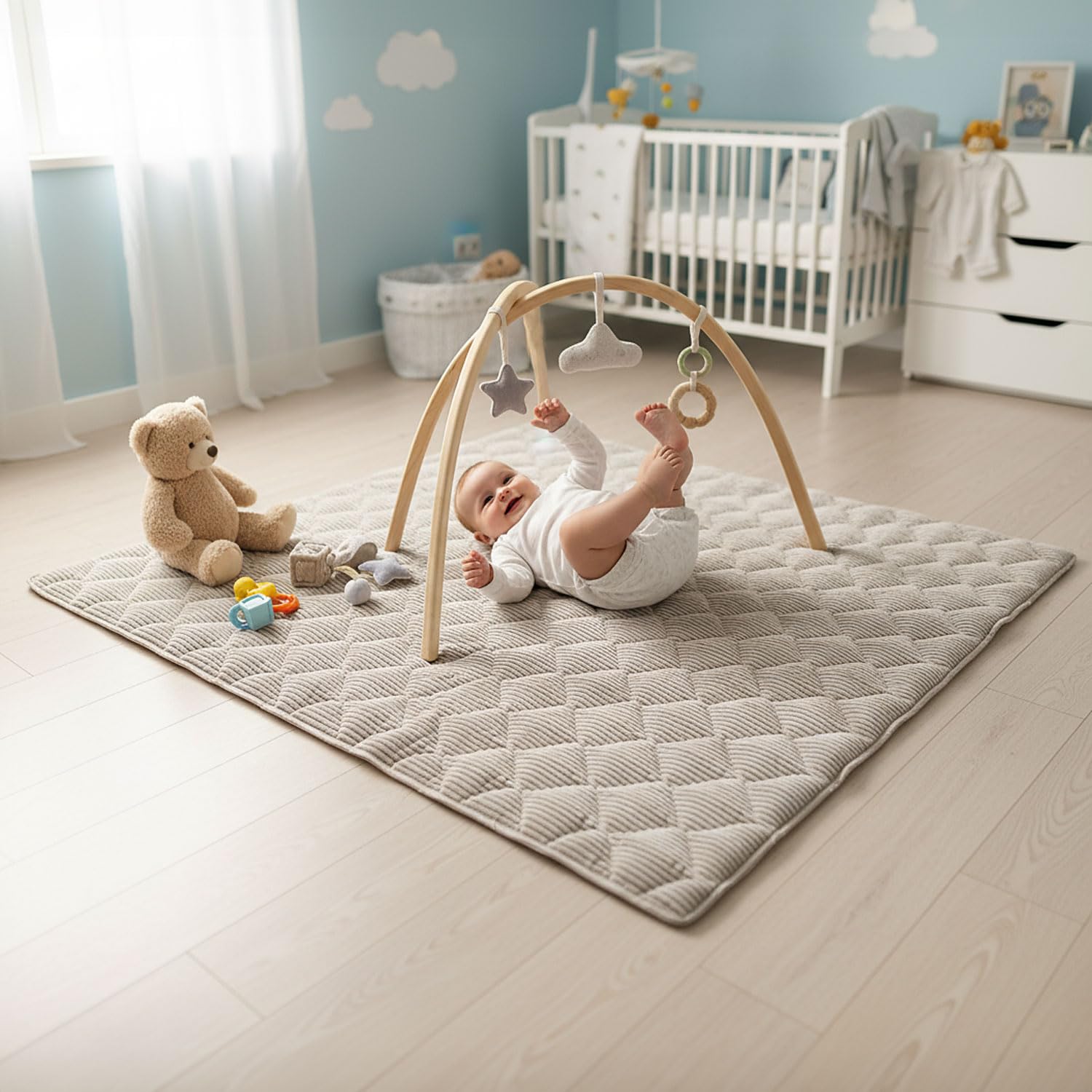 Sanosoft® Soft-Cord Krabbeldecke - rutsch- & wasserfest - Öko Tex & Made in Germany (Natur/Creme, 130x150cm)