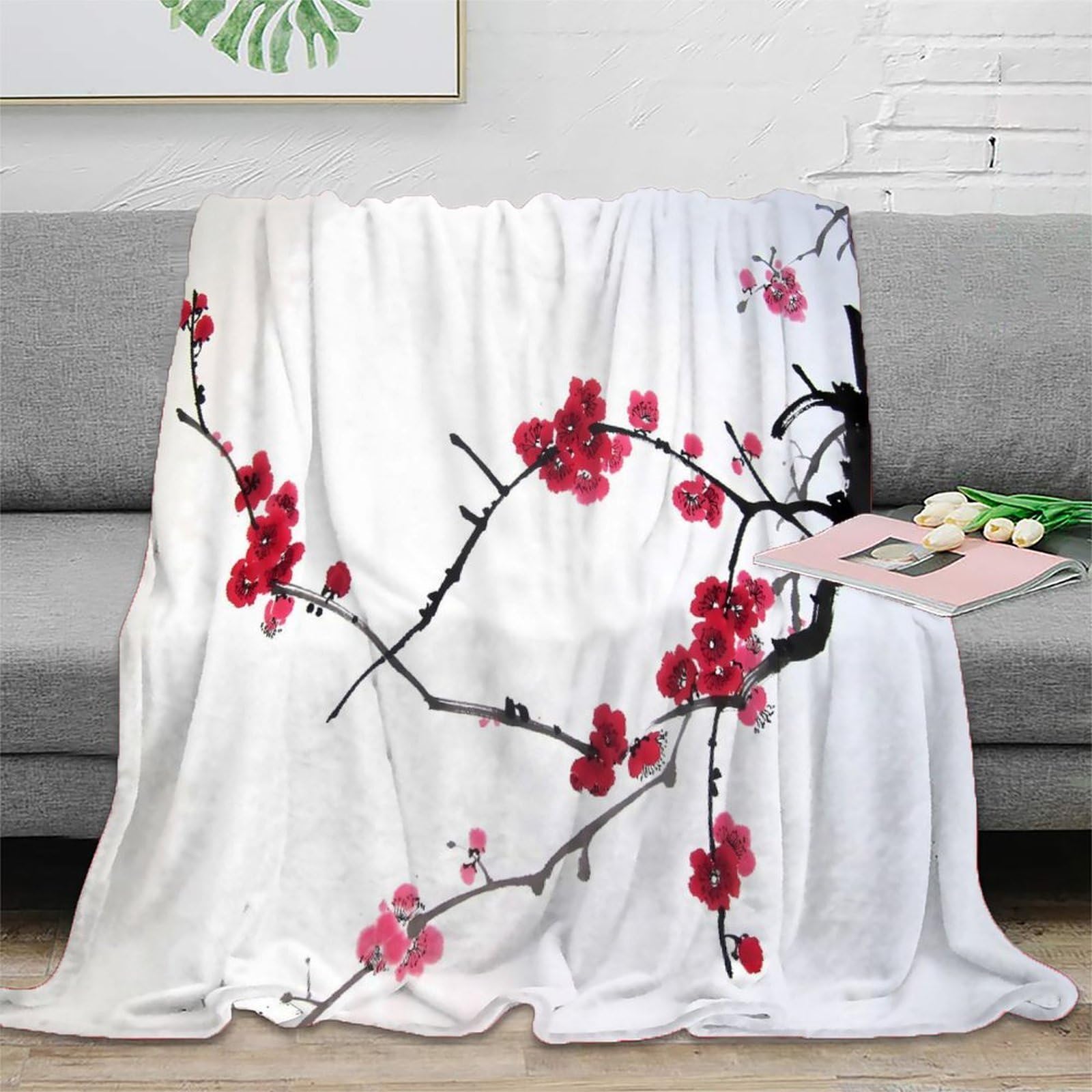 Couverture jeté de canapé en microfibre imprimé fleurs de prunier 150x200cm pour lit et salon