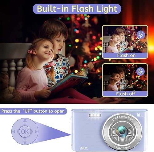Miniatura 4 de Cámara digital, cámara digital 4K 44MP para niños con tarjeta SD de 32 GB, cámara compacta de apuntar y disparar con zoom digital de 16X, cámara