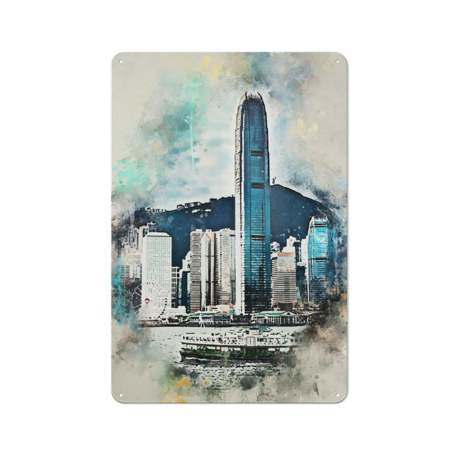 Junmoney Watercolor Hong Kong Tin Sign 30X20cm For Pub Or Café, Vintage Wall Decor, For Café Interior Fans, For Retro Home Interiors