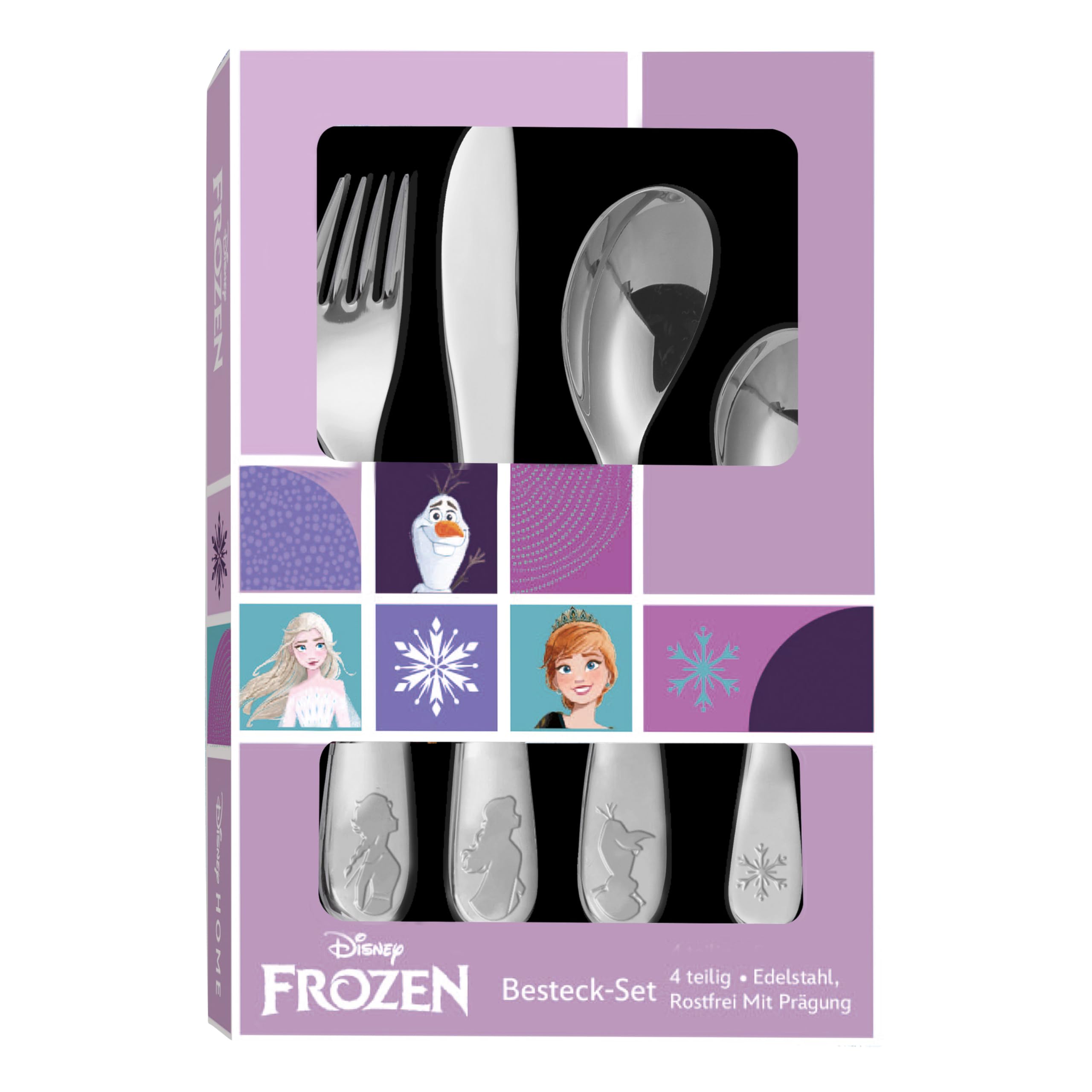 p:os 35805 Frozen Ice Queen Cutlery Set for Girls, 4 Piece Stainless Steel Children's Cutlery Set with Knife, Fork, Soup Spoon and Dessert Spoon