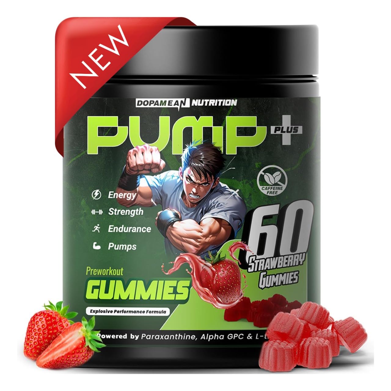 Dopamean Nutrition Pré-treino sem estimulantes com creatina, beta-alanina, Alpha GPC, beterraba e cordyceps sabor morango, 60 gomas
