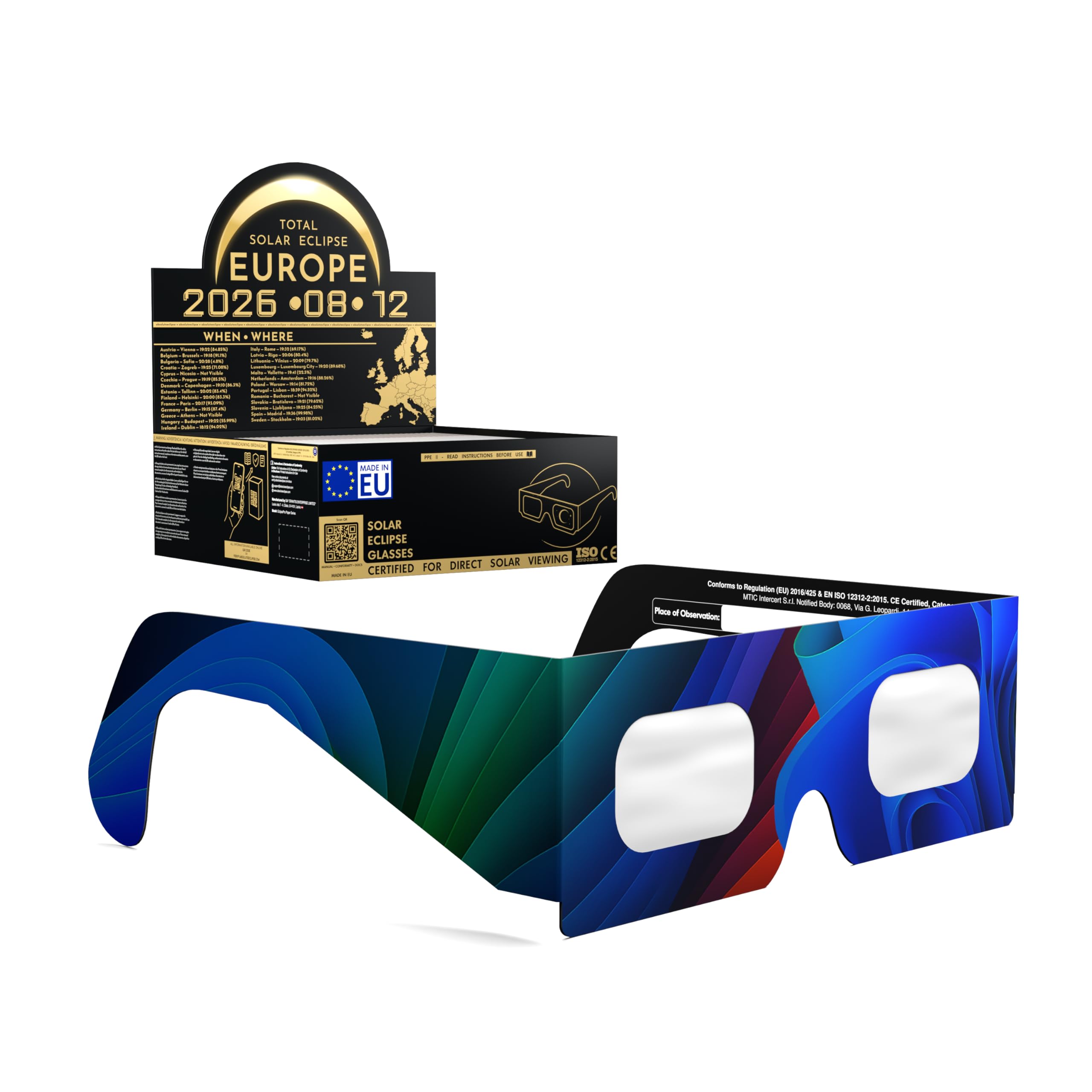 Solar Eclipse Glasses ISO 12312-2 CE Certified | Safe Solar Viewing Glasses UK | Paper Cardboard Frame | Total Solar Eclipse August 2026 | Made in EU | 50 Pack | Breeze