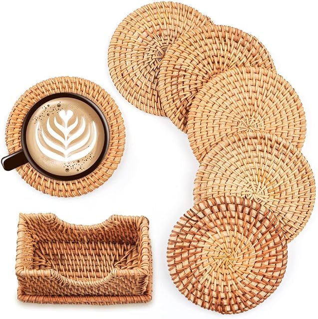 Rattan Cup Coasters, 6pcs Handmade Woven Drink Coasters with Holder, Weave Round Natural Wicker Cup Mats for Drinks, Tea Cup Placemats, Cup Holder, Water Absorption Beverage Coaster Tablemats