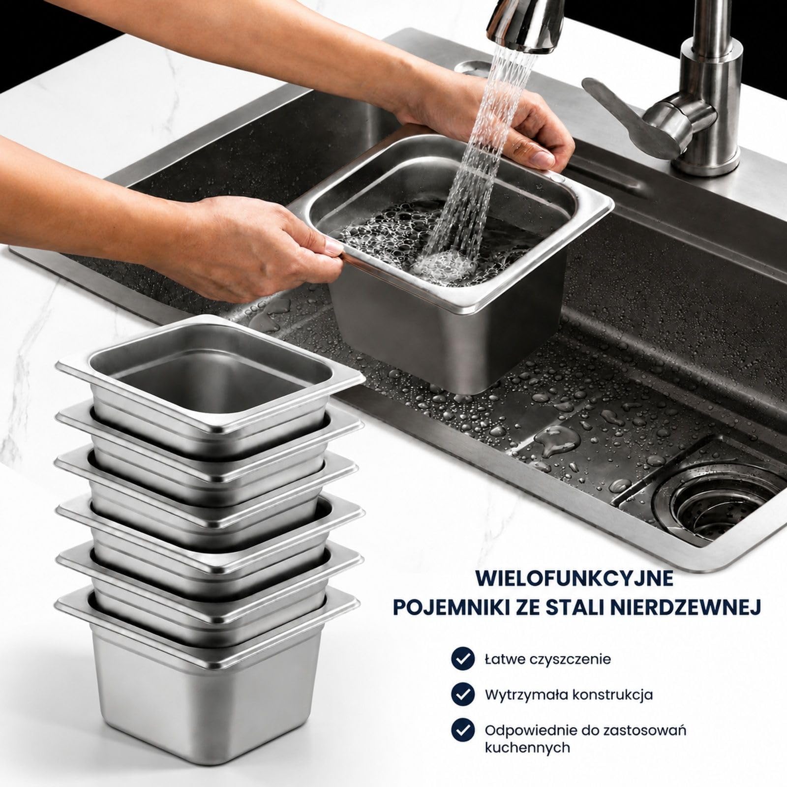 Pojemniki Gastronorm Zestaw 6 Sztuk, Rozmiar 1/6, Stal Nierdzewna 201, 2,42 l, Srebrne, do Bufetu Cateringu Kuchni
