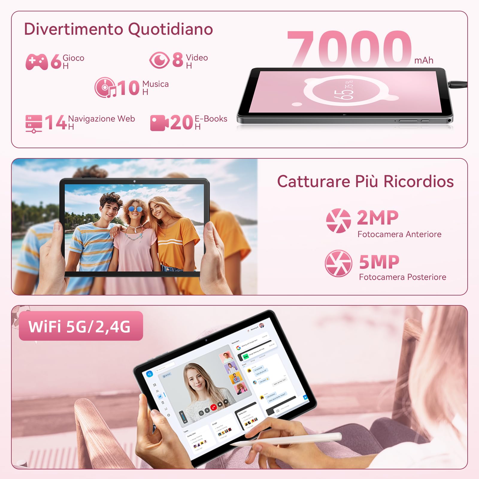Tablet 10 Pollici, Tablet Android 16, Unisoc T606 CPU, 26 GB RAM + 128 GB ROM + 1 TB TF, Display HD IPS 1280x800, Batteria 7000 mAh, Fotocamera Doppia, WiFi 6, BT 5.0, Widevine L1, GPS (Grigio)