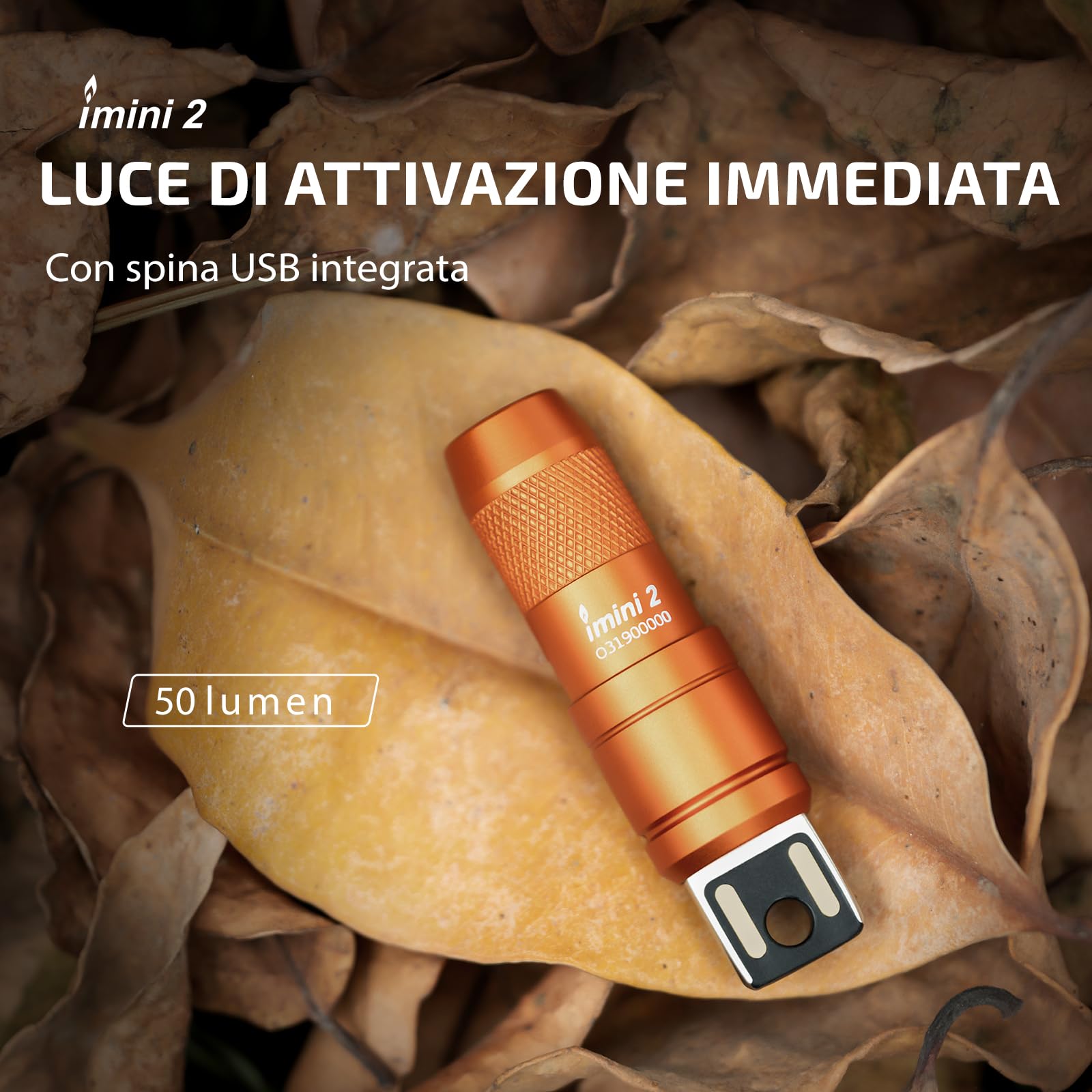 OLIGHT I Mini 2 Mini Torcia Portachiavi a LED con Base Magnetica, Ricarica USB-A, IPX6, 21m, Arancione
