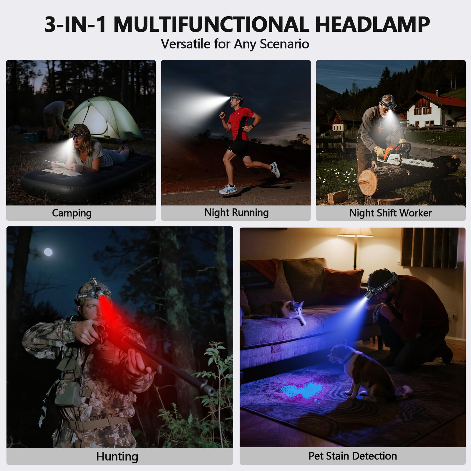OMALIGHT Lampe frontale rechargeable 1080 à haute luminosité avec lumière blanc/rouge/UV/noire, super lumineuse, alimentée par piles, 16 modes, lampe frontale étanche pour la chasse, la détection