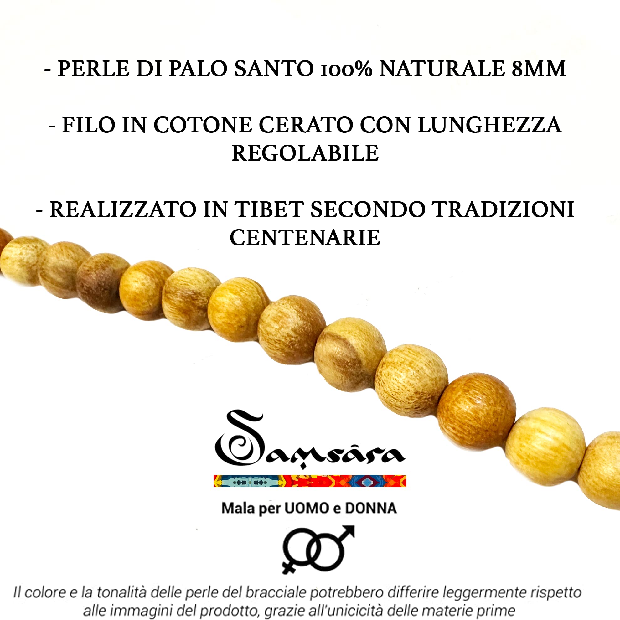 Samsara Bracciale Tibetano Buddista - shamballa con perle in Palo Santo 8mm - Filo in cotone cerato marrone