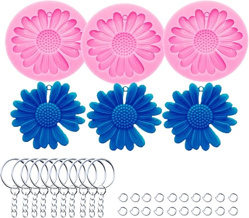 Molde de silicona para llavero de flor de margarita, moldes epoxi de resina de crisantemo con 10 llaveros (DY0198+DY0198+DY0198+PJ)