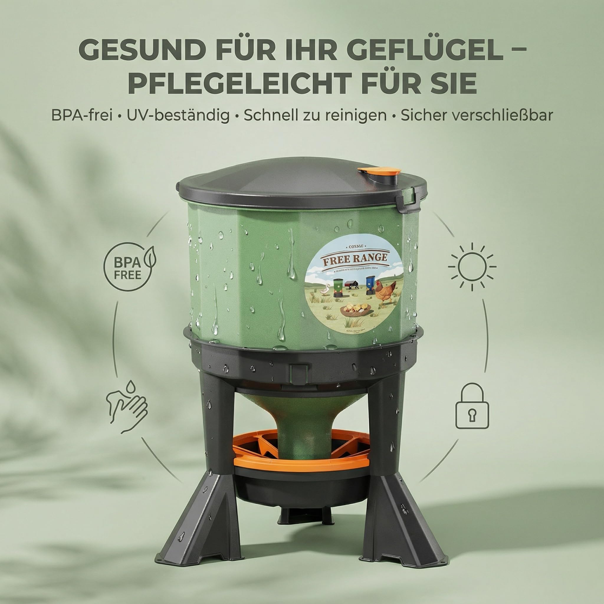 Futterautomat 35 L Hühner Geflügel Futterspender – Futter-Spargitter | UV-beständig, BPA-frei, leicht zu befüllen & zu reinigen, hohe Standfestigkeit, Klappdeckel mit Sicherheitsverschluss