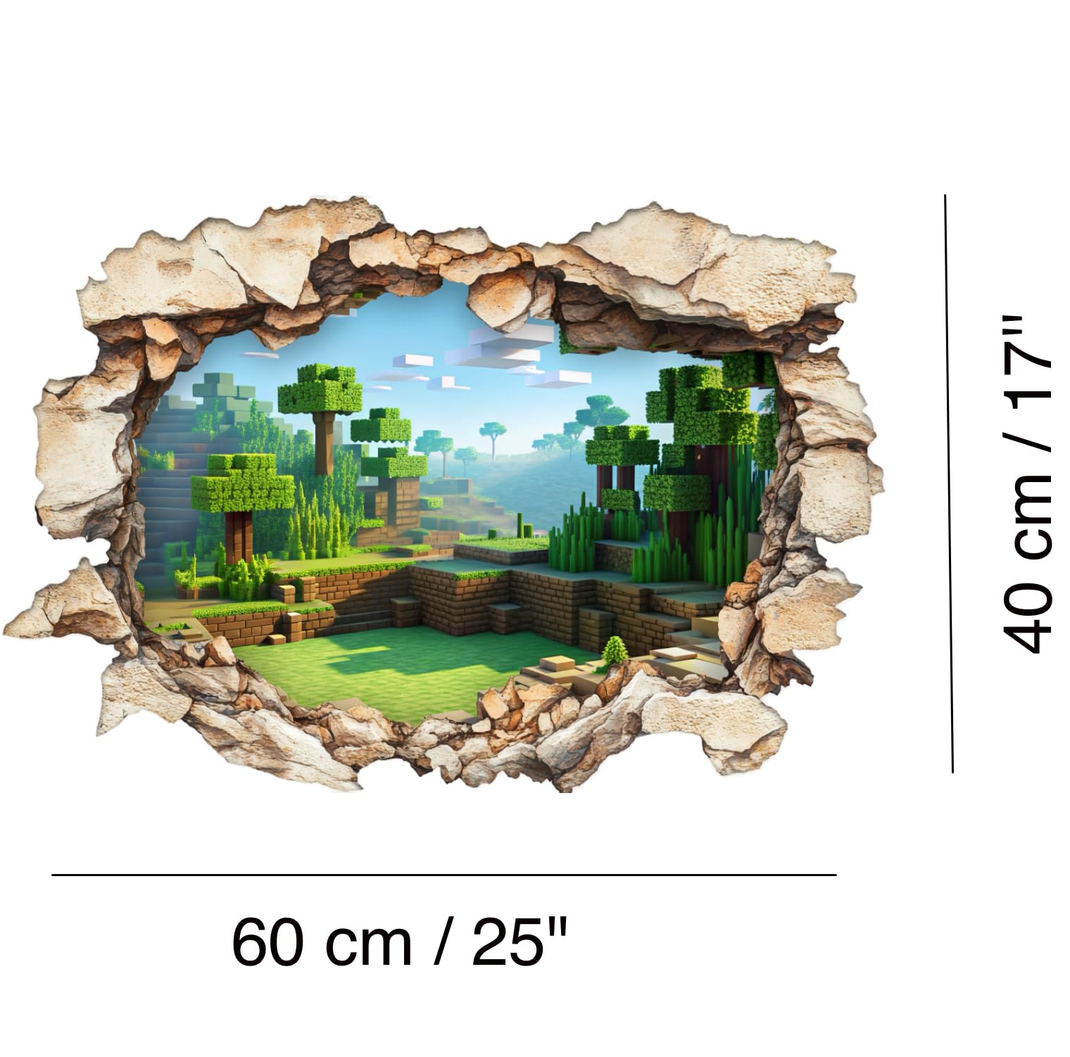 3D Pixel Block Wall Decal - Cube World Forest Mural with Smashed Hole Effect, Gamer Room Decor for Kids Peel & Stick Vinyl (40×60 cm) - Image 4