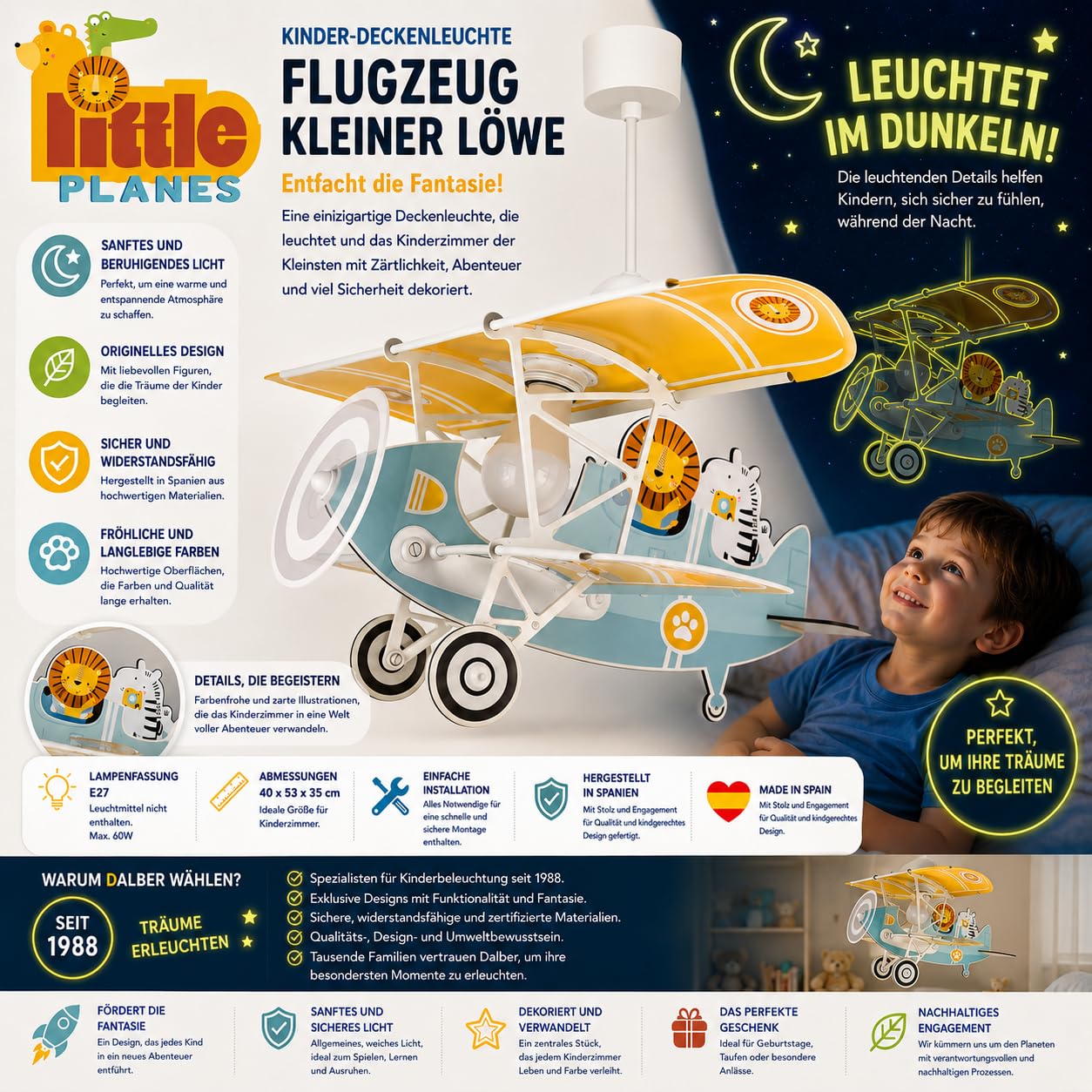 Dalber Kinder Pendelleuchte Flugzeug Puma 54602 | Hängelampe; Deckenleuchte; Kinderzimmer; E27 - 1 x 15W