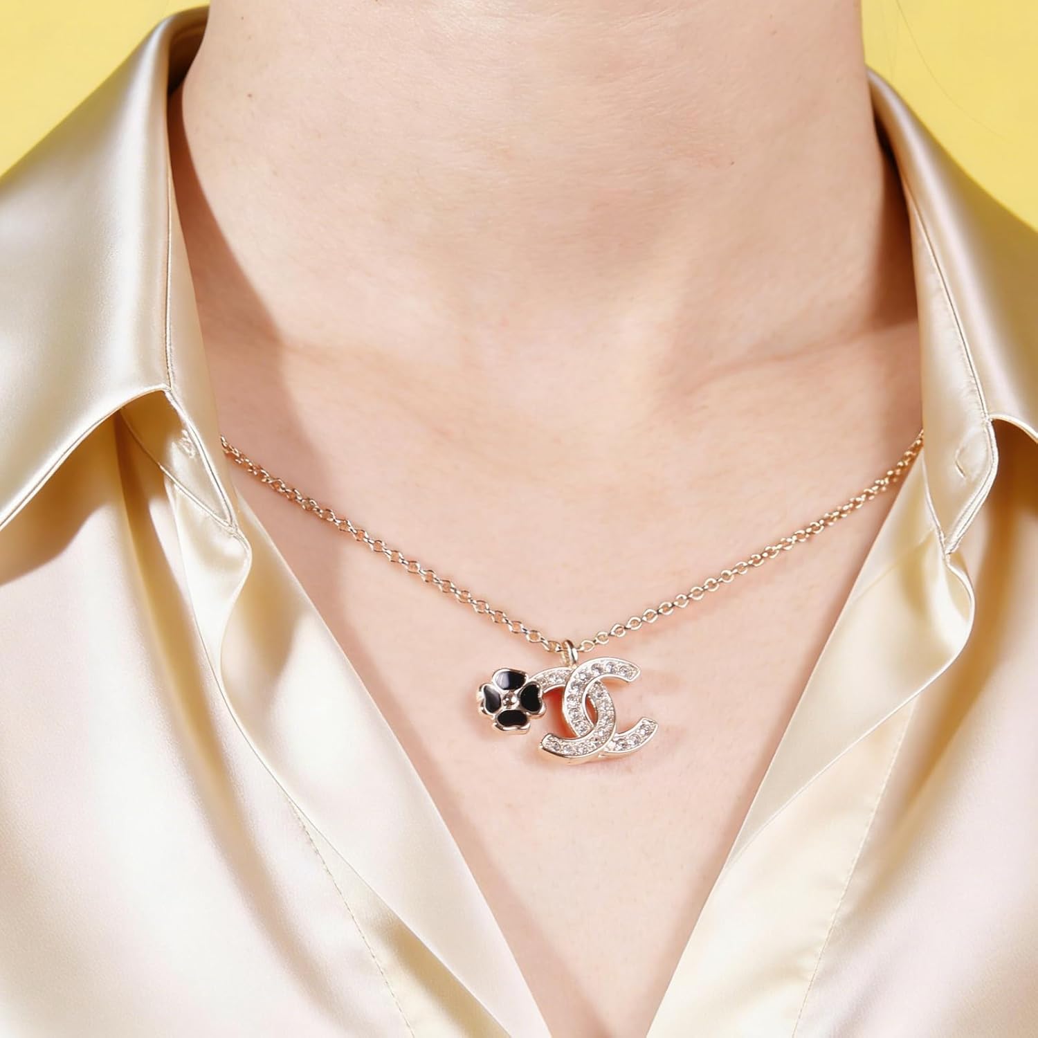 Gold Chain Necklace with Designer Logo Pendant and Charm,Decorated with clear crystals, Fashionable Women's Jewelry for Office, Date Night, Parties & Special Occasions; Thoughtful Gift for Valentine's Day, Birthday or Mother's Day - Image 6